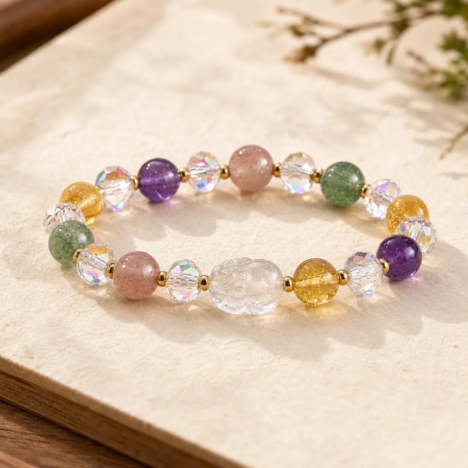 PiXiu White Crystal Citrine Green Strawberry Quartz Amethyst Luck Bracelet featuring Pixiu, Clear Quartz / White Crystal, Citrine