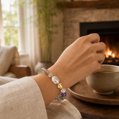 PiXiu White Crystal Citrine Green Strawberry Quartz Amethyst Luck Bracelet featuring Pixiu, Clear Quartz / White Crystal, Citrine