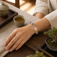 PiXiu White Crystal Citrine Green Strawberry Quartz Amethyst Luck Bracelet featuring Pixiu, Clear Quartz / White Crystal, Citrine