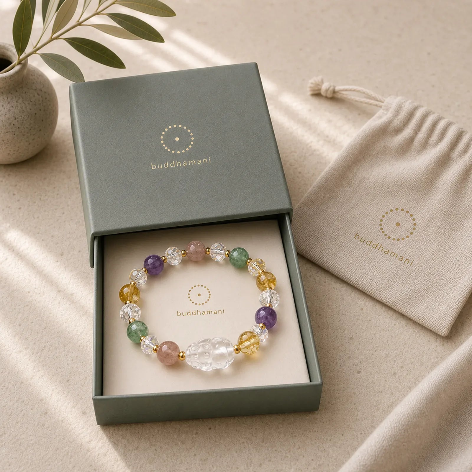 PiXiu White Crystal Citrine Green Strawberry Quartz Amethyst Luck Bracelet featuring Pixiu, Clear Quartz / White Crystal, Citrine
