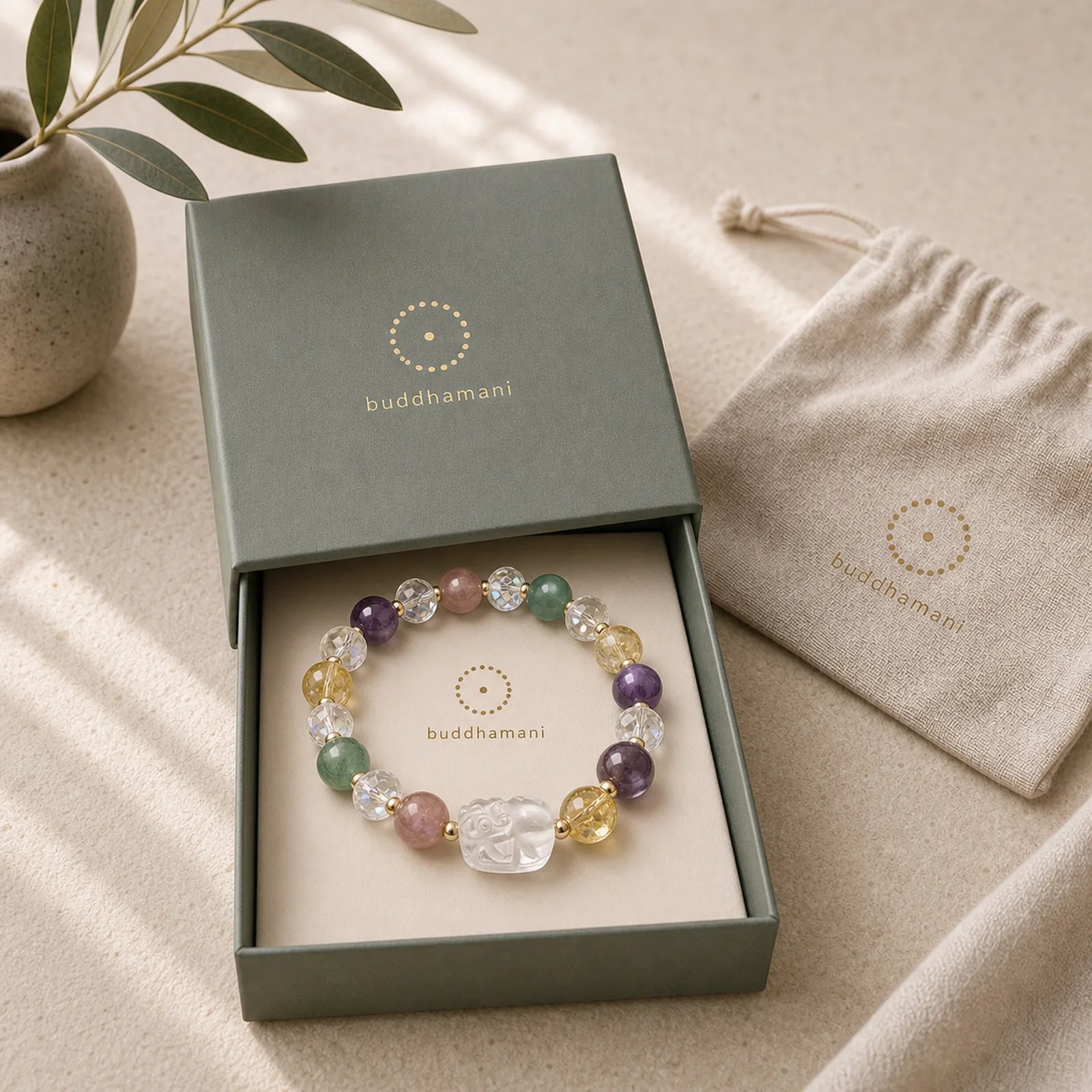 PiXiu White Crystal Citrine Green Strawberry Quartz Amethyst Luck Bracelet featuring Pixiu, Clear Quartz / White Crystal, Citrine