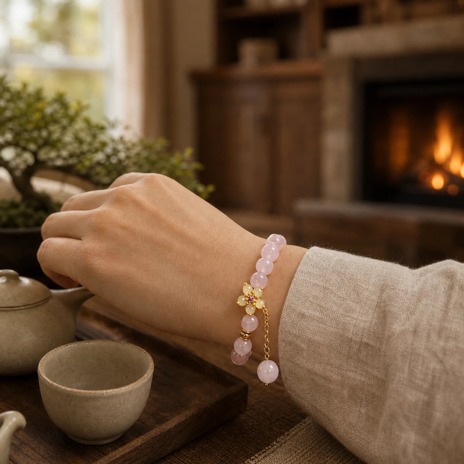 Pink Crystal Citrine Flower Warmth Bracelet featuring Pink Crystal, Citrine, Copper