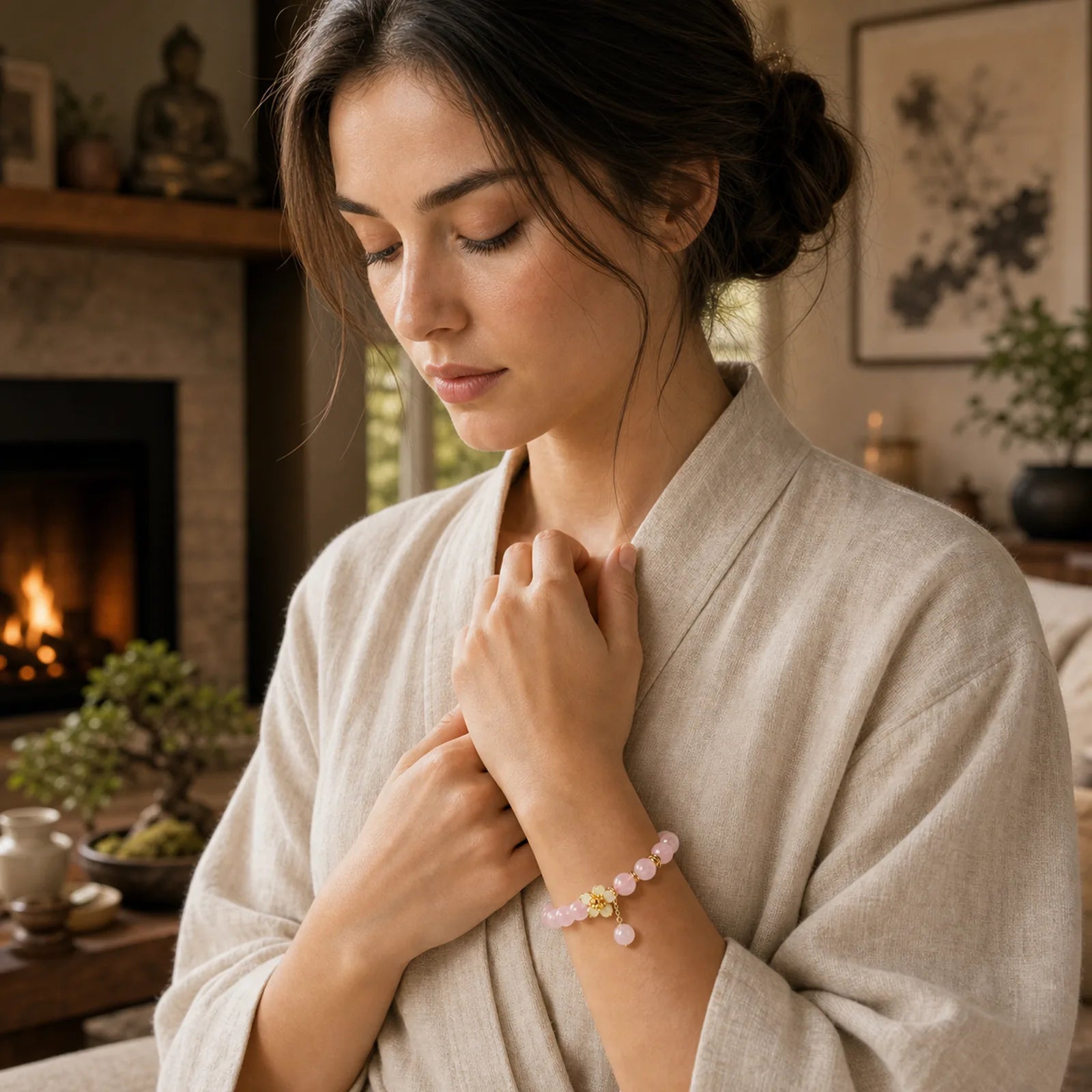 Pink Crystal Citrine Flower Warmth Bracelet featuring Pink Crystal, Citrine, Copper