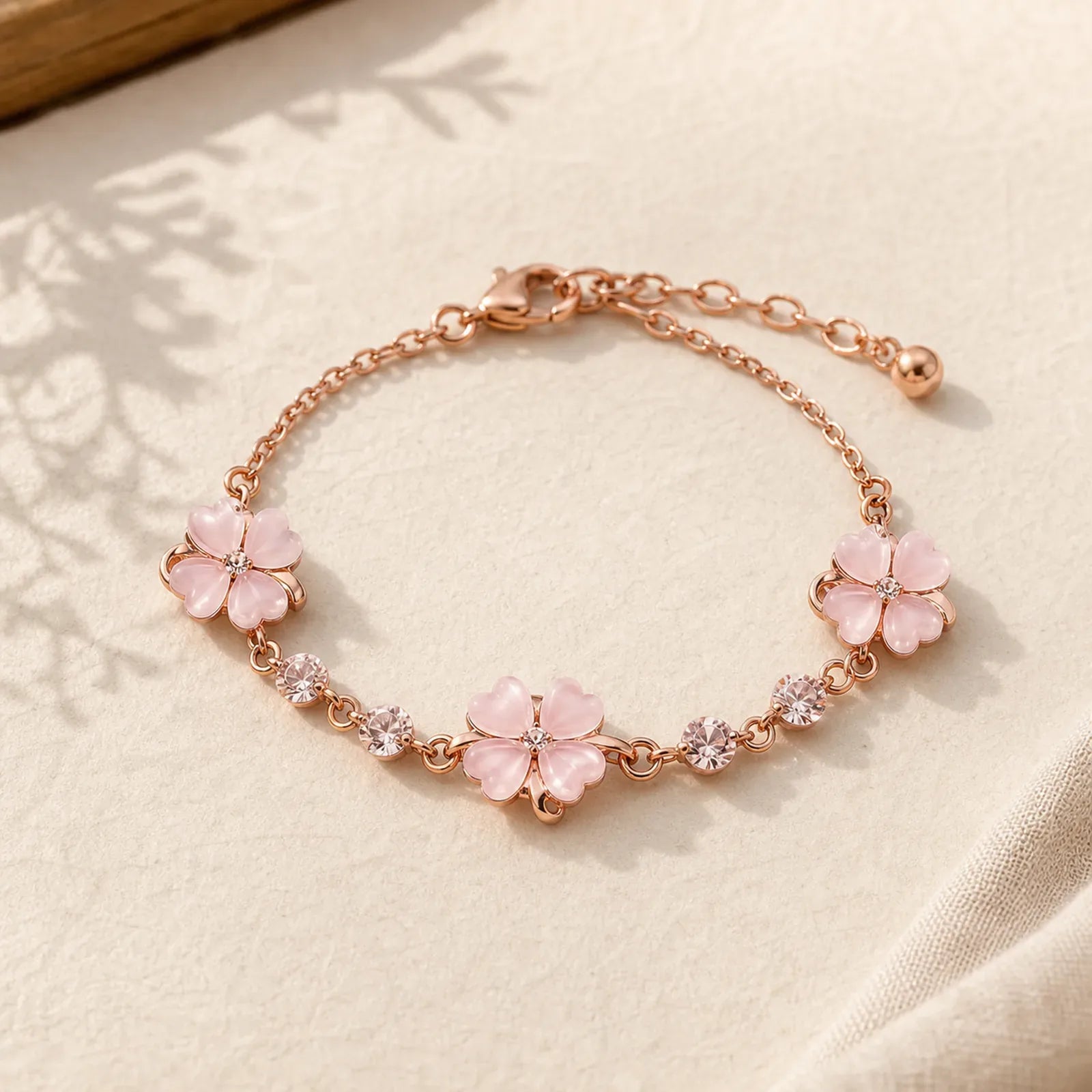 Pink Crystal Four Leaf Clover Love Chain Bracelet featuring Pink Crystal, Copper, Rose Quartz