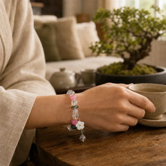 Pink Crystal Green Crystal White Crystal Flower Warmth Bracelet featuring Pink Crystal, Green Crystal, Clear Quartz / White Crystal