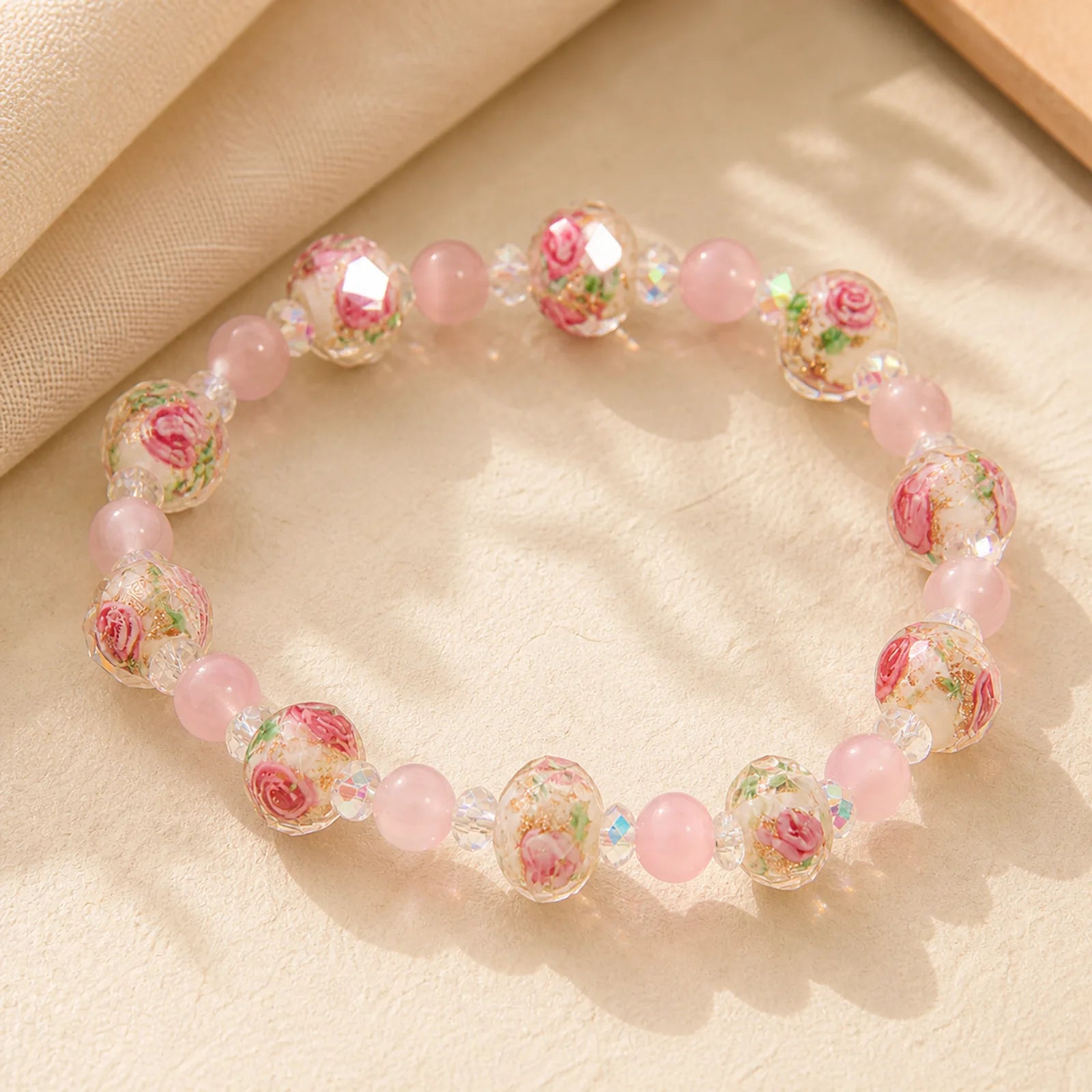 Pink Crystal Liuli Glass Bead Cat's Eye Warmth Bracelet featuring Pink Crystal, Cat's Eye / Chrysoberyl, Copper