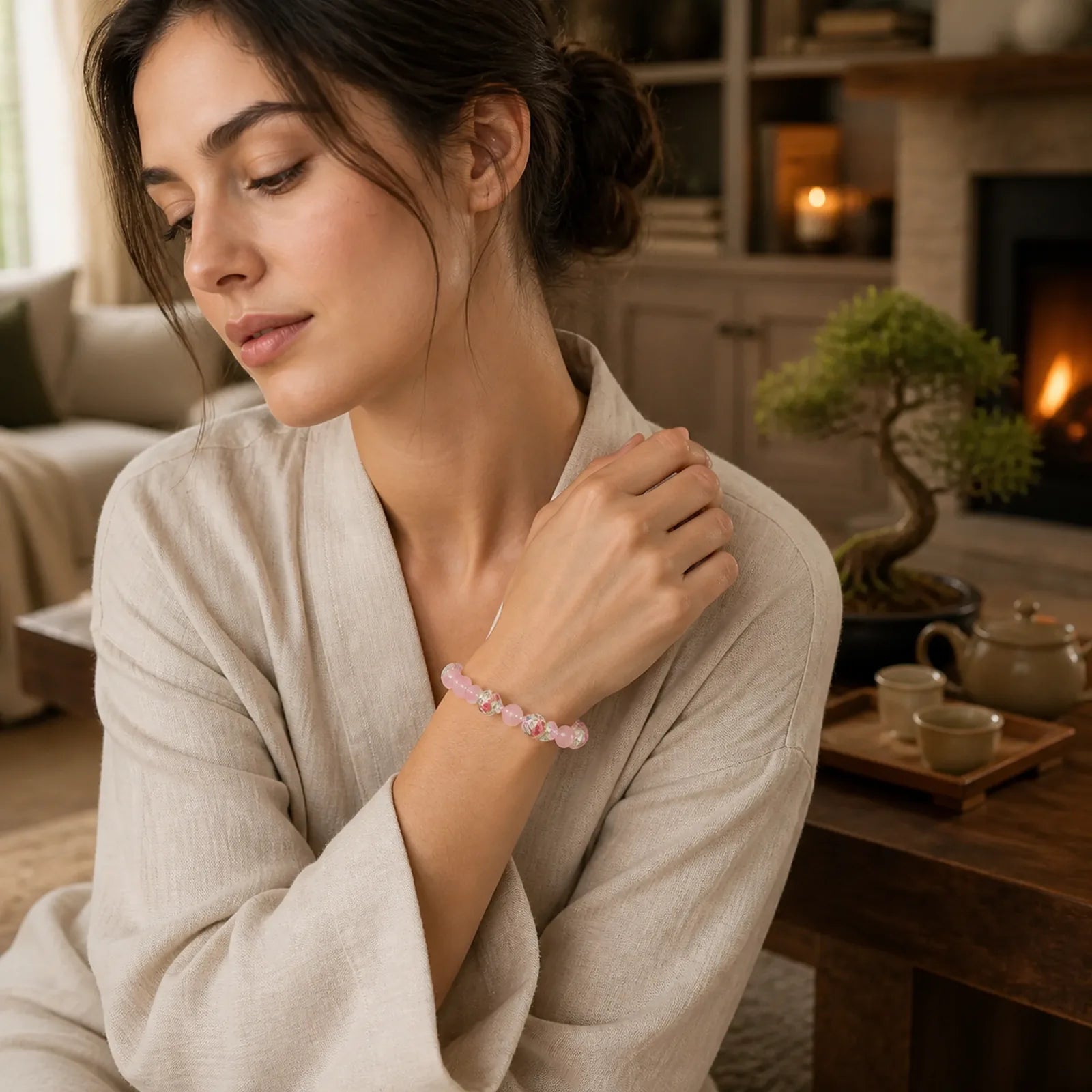 Pink Crystal Liuli Glass Bead Cat's Eye Warmth Bracelet featuring Pink Crystal, Cat's Eye / Chrysoberyl, Copper