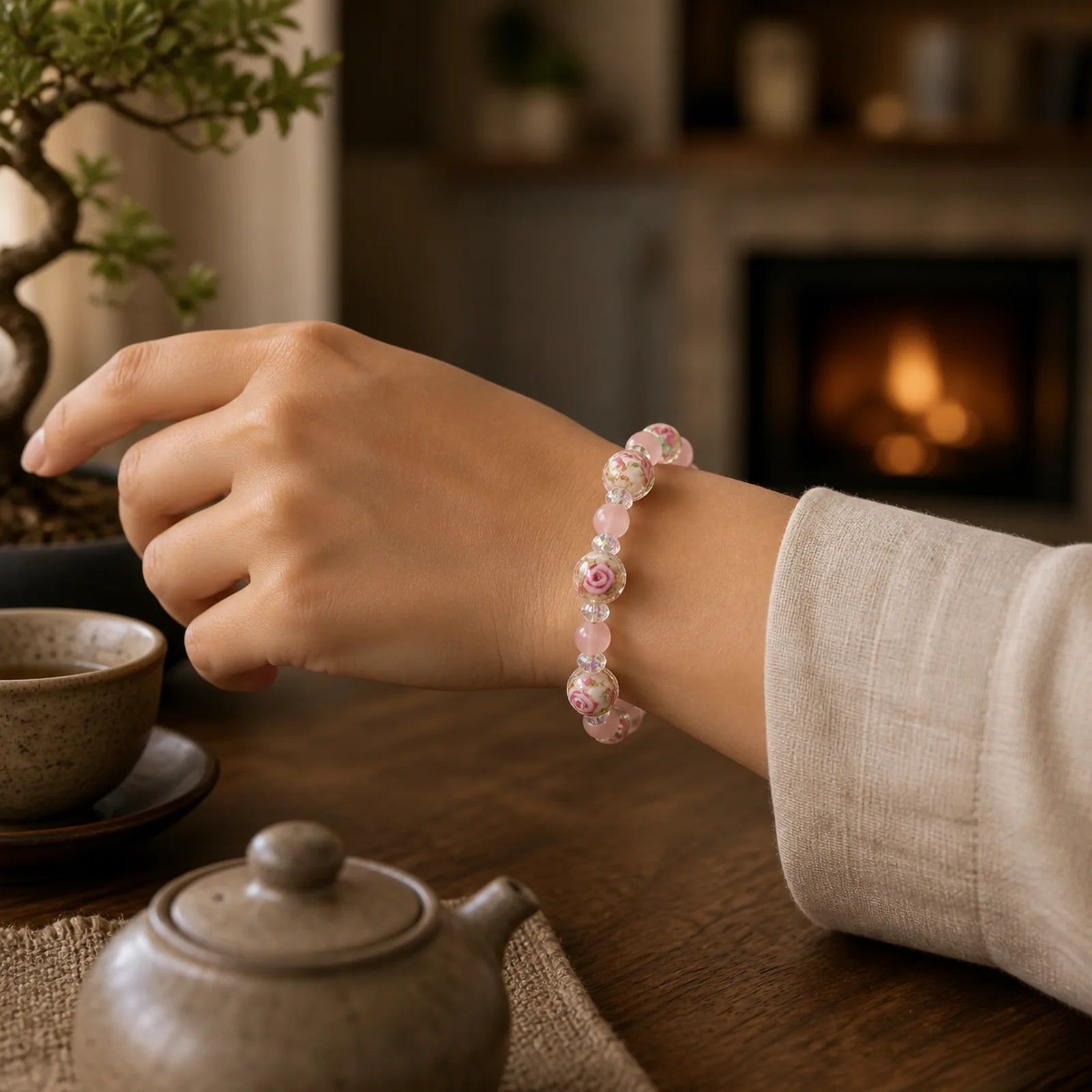 Pink Crystal Liuli Glass Bead Cat's Eye Warmth Bracelet featuring Pink Crystal, Cat's Eye / Chrysoberyl, Copper