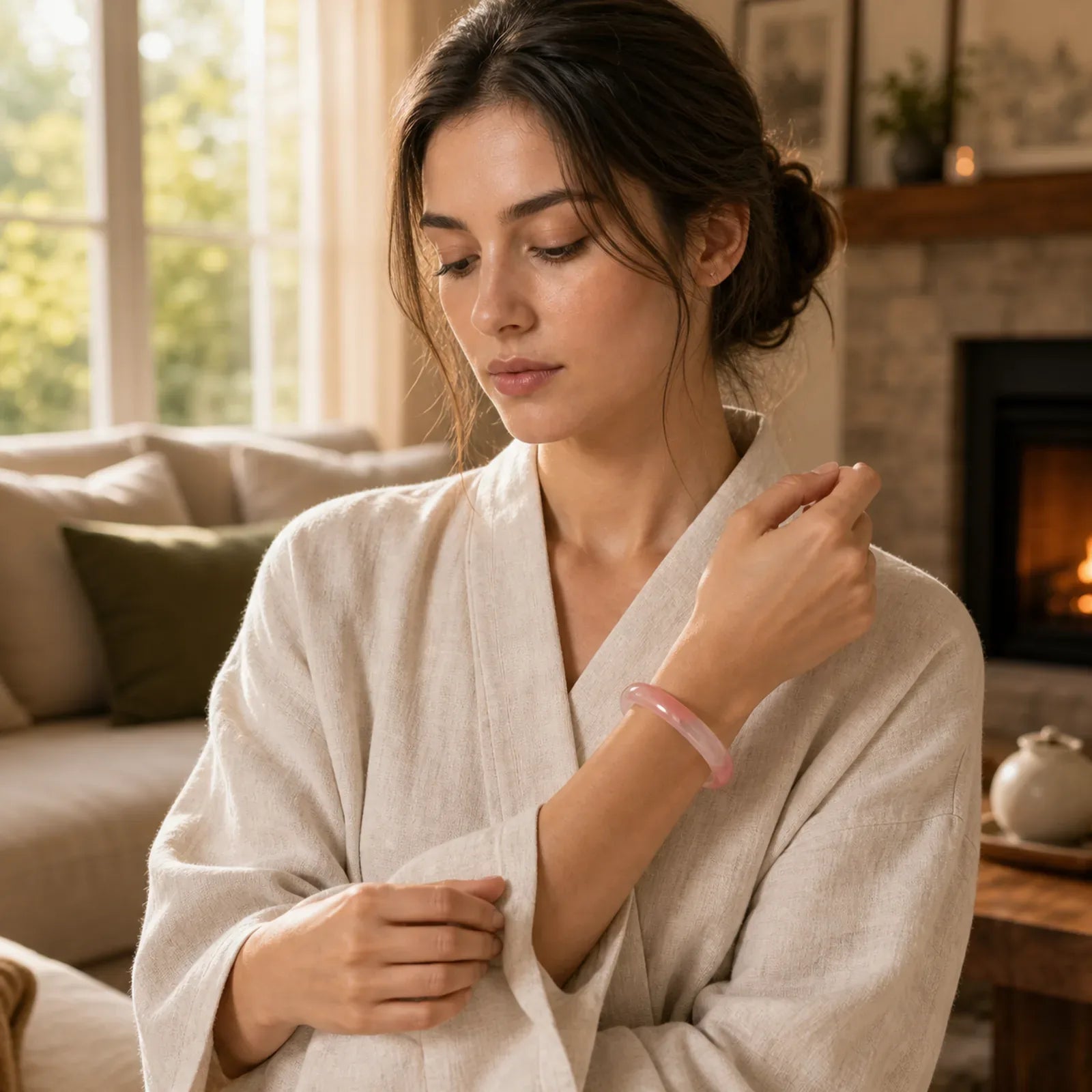 Pink Crystal Love Warmth Bracelet Bangle featuring Pink Crystal, Jade, Rose Quartz