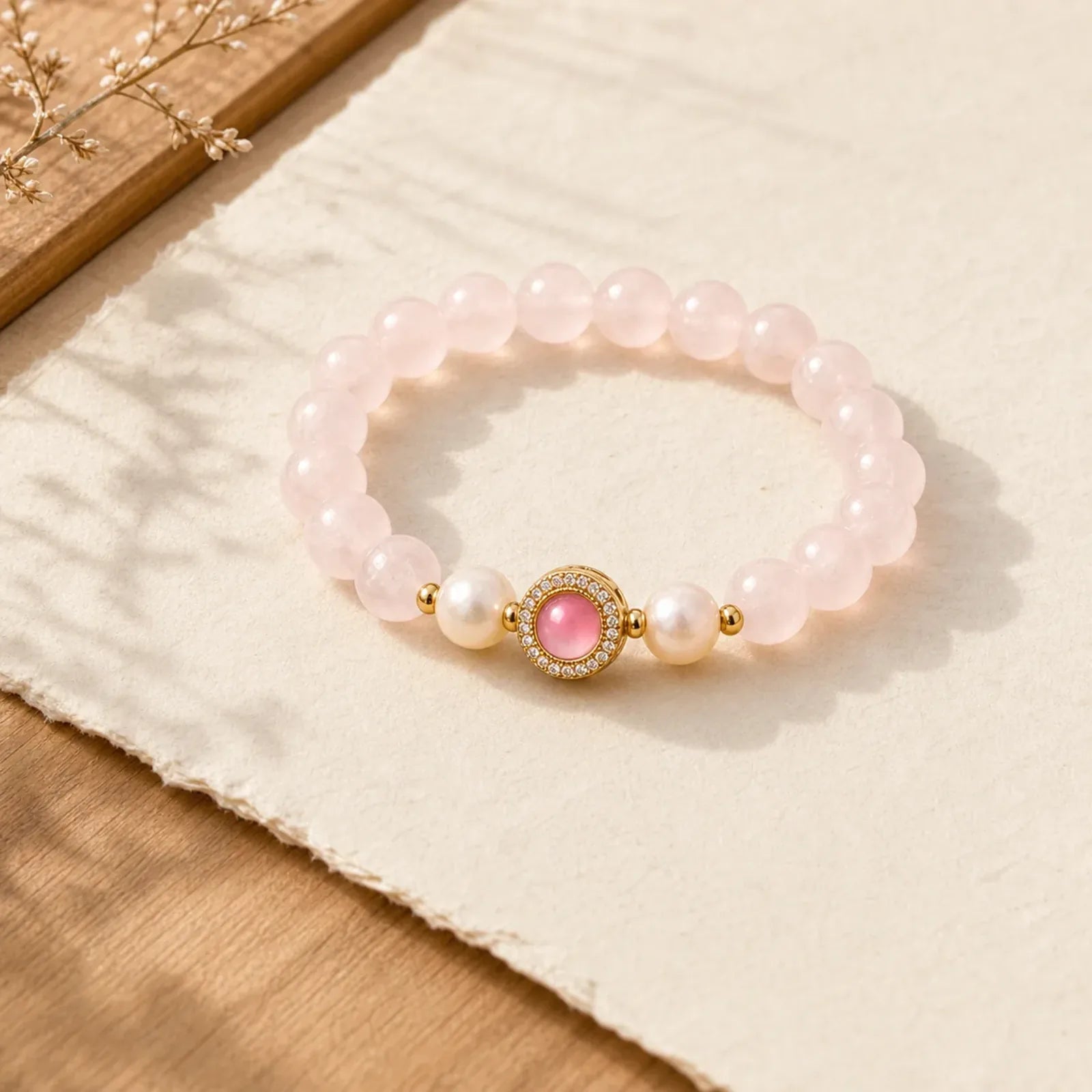 Pink Crystal Pearl Warmth Bracelet featuring Pink Crystal, Pearl, Copper