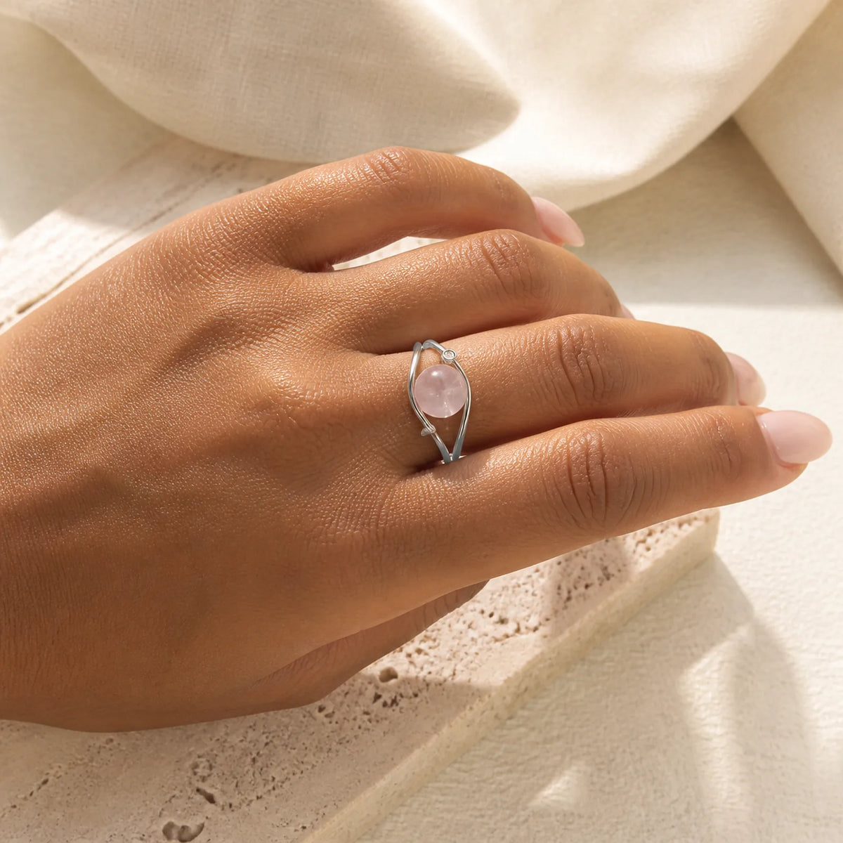Pink Crystal Soothing Rotation Ring featuring Pink Crystal, Copper, Rose Quartz