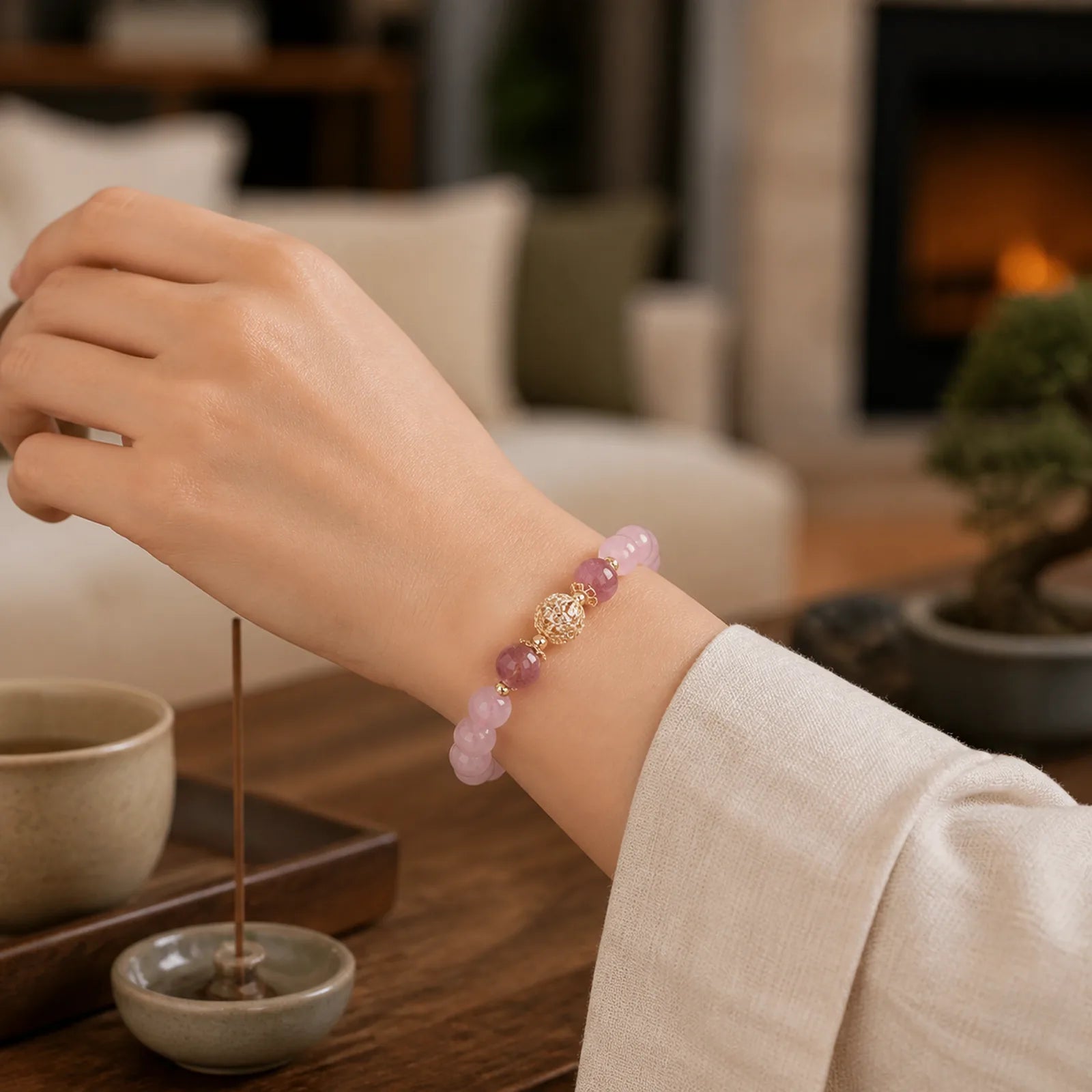 Pink Crystal Strawberry Quartz Love Bracelet featuring Pink Crystal, Strawberry Quartz, Rose Quartz