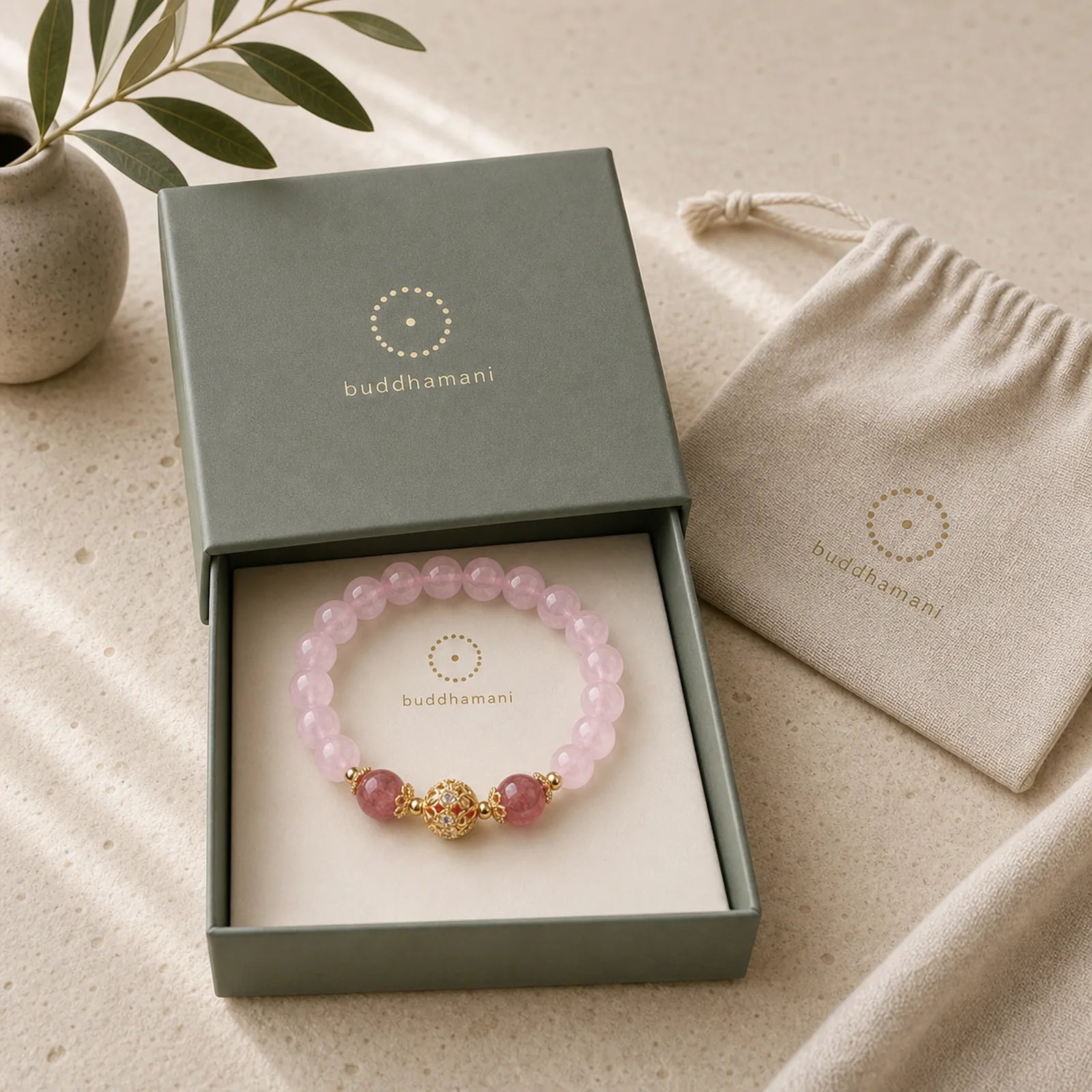 Pink Crystal Strawberry Quartz Love Bracelet featuring Pink Crystal, Strawberry Quartz, Rose Quartz