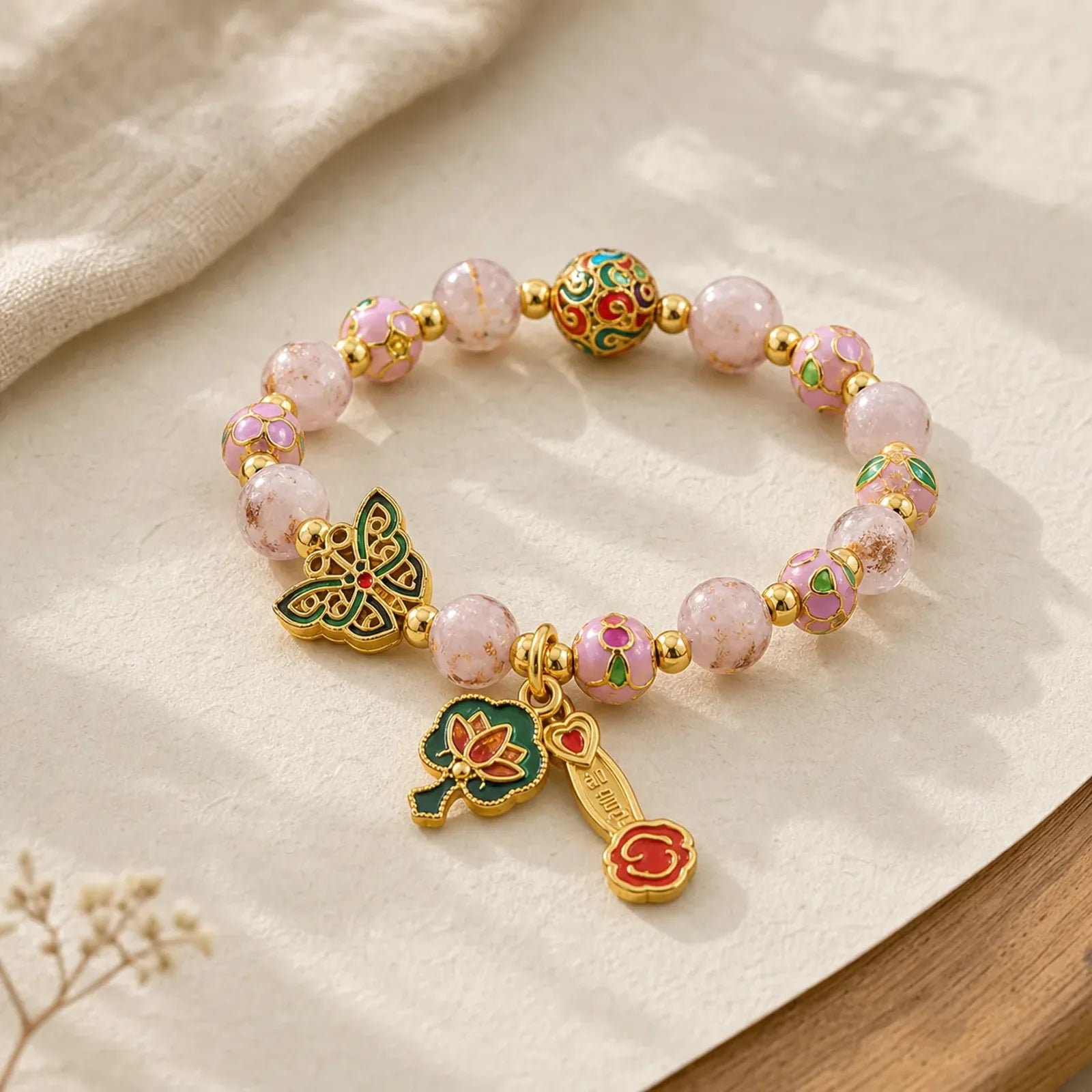 Pink Liuli Butterfly Lotus Ruyi Handle Transformation Charm Bracelet featuring Butterfly, Lotus, Five Elements
