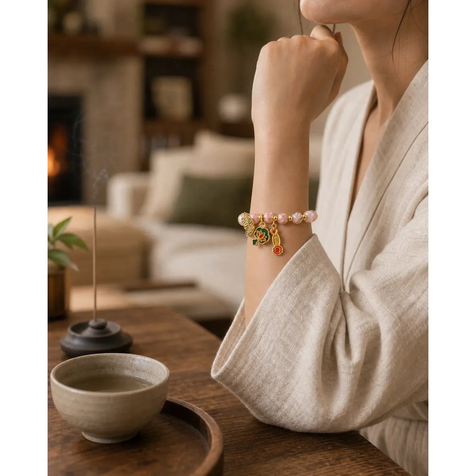Pink Liuli Butterfly Lotus Ruyi Handle Transformation Charm Bracelet featuring Butterfly, Lotus, Five Elements