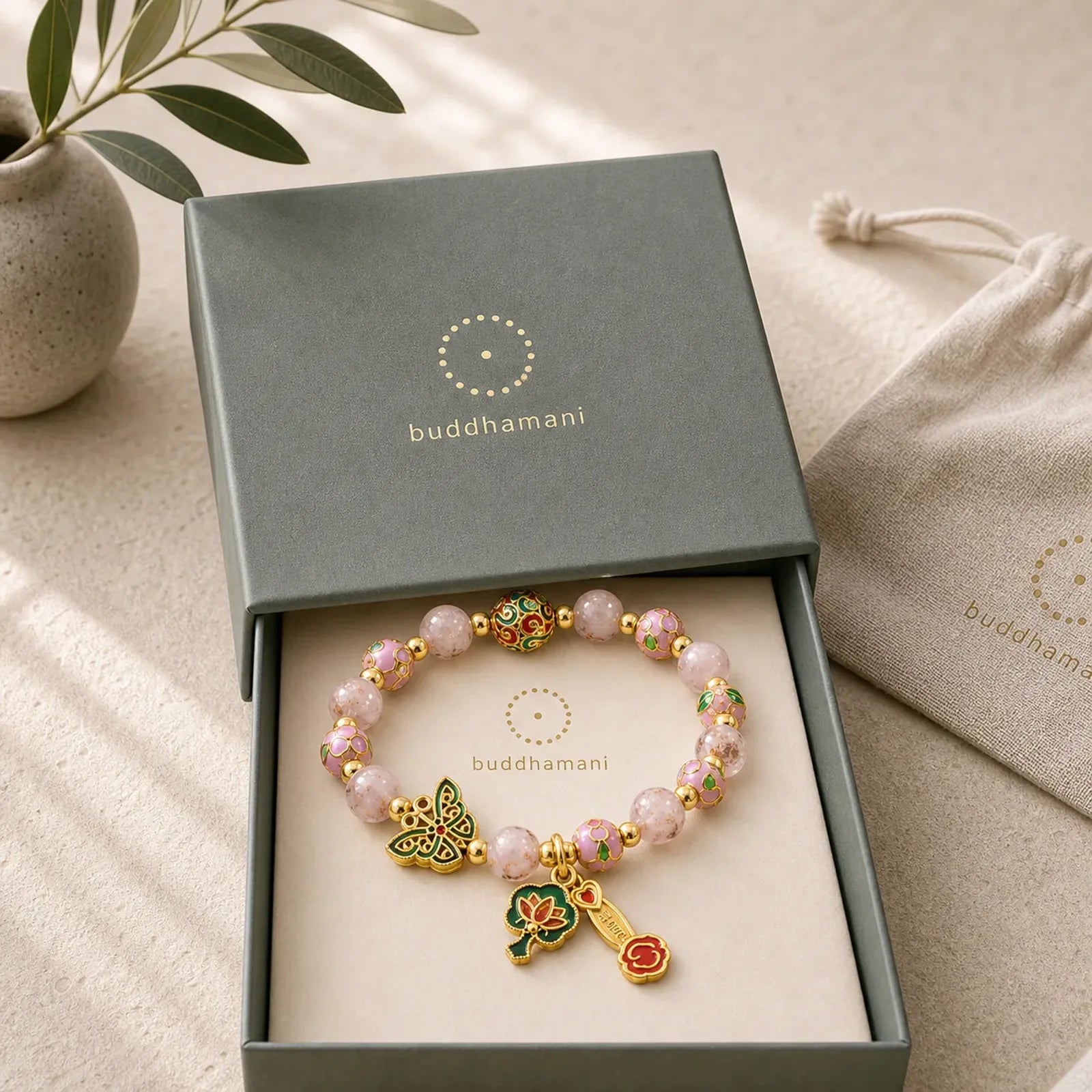 Pink Liuli Butterfly Lotus Ruyi Handle Transformation Charm Bracelet featuring Butterfly, Lotus, Five Elements
