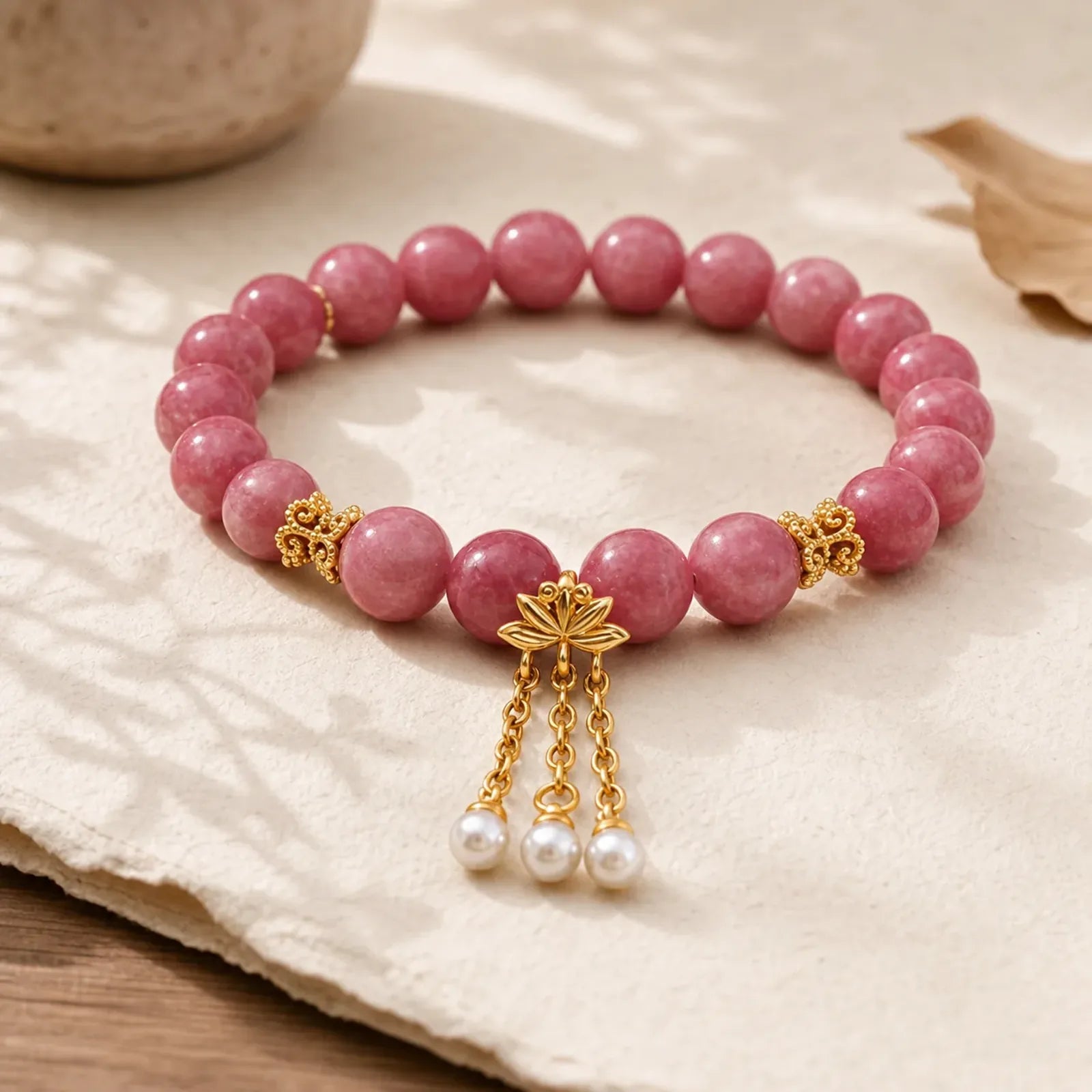 Pink Tourmaline Lotus Flower Positive Bracelet featuring Tourmaline, Lotus, Pearl