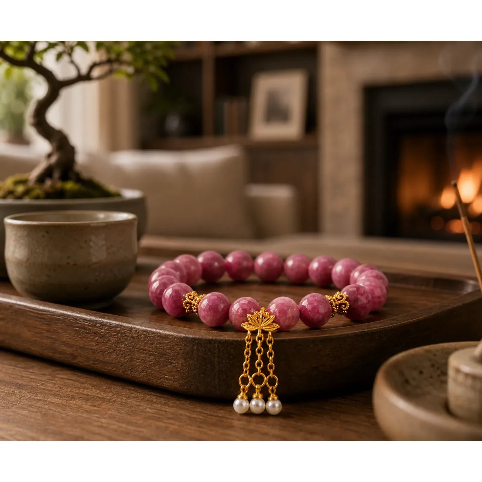 Pink Tourmaline Lotus Flower Positive Bracelet featuring Tourmaline, Lotus, Pearl