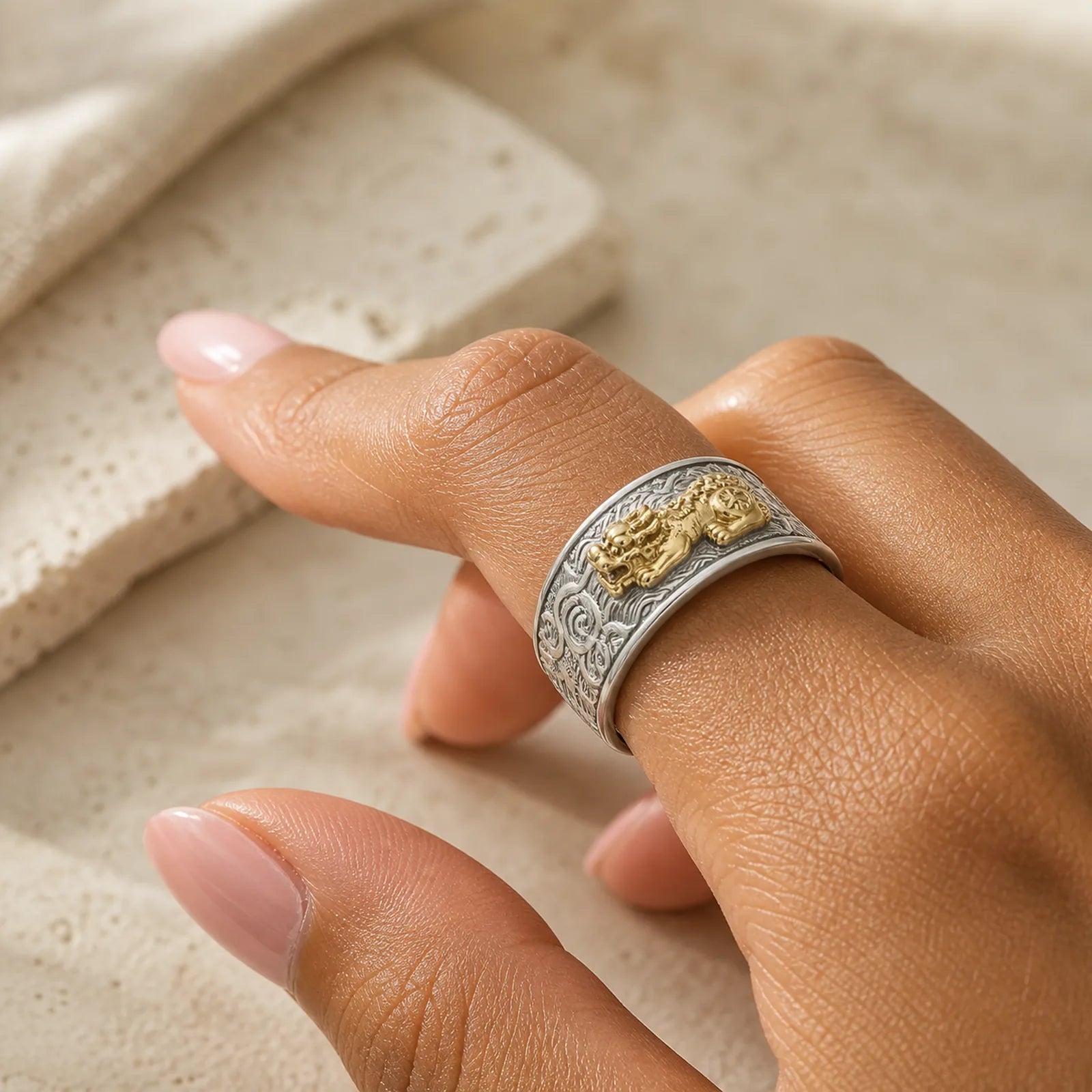 Pixiu Heart Sutra Copper Adjustable Wealth Ring featuring Pixiu, Copper
