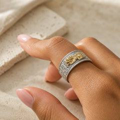 Pixiu Heart Sutra Copper Adjustable Wealth Ring featuring Pixiu, Copper