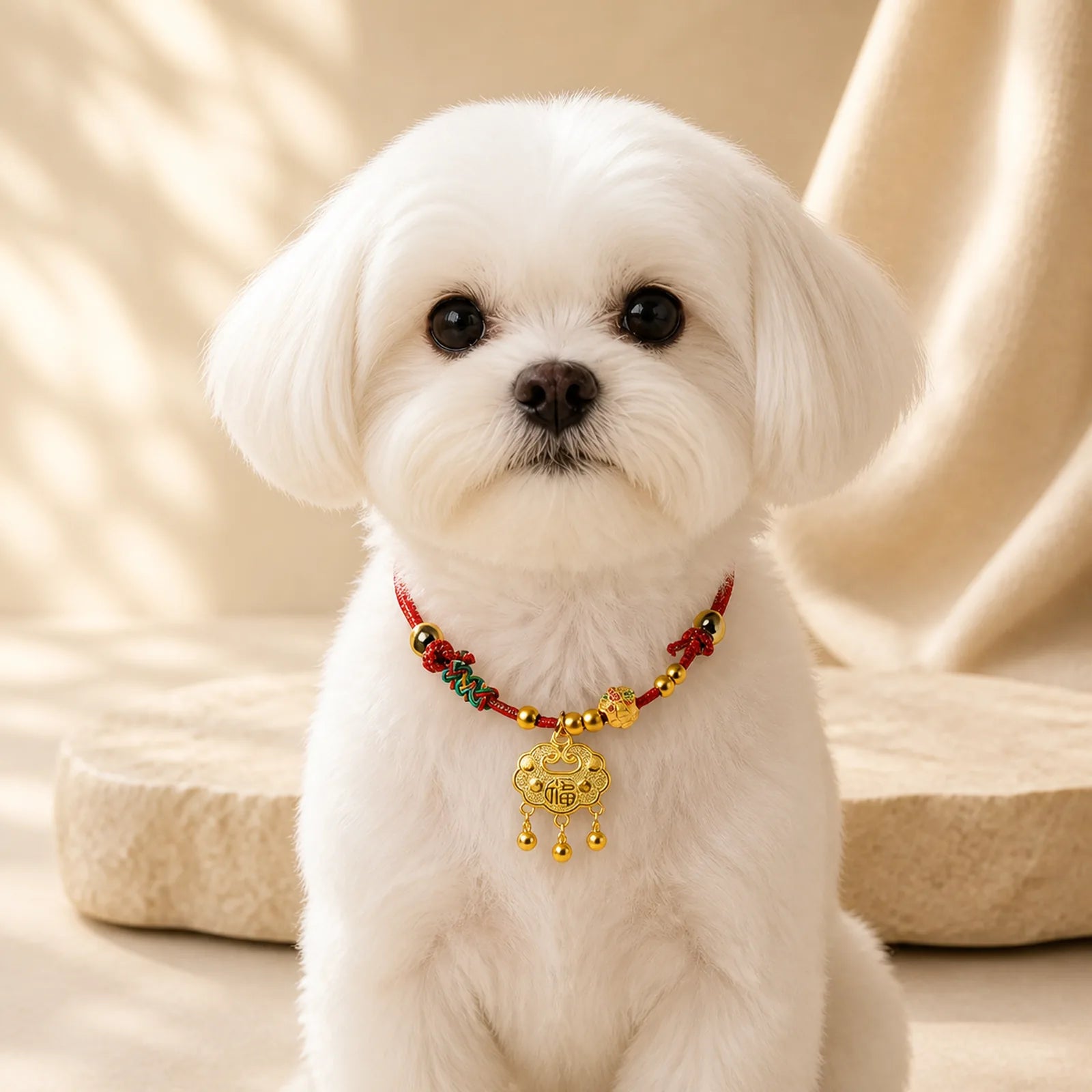 Plaited Money Tree Fu Character Red String Luck Adjustable Cats Dogs Pet Collar featuring Fu Character, Red String