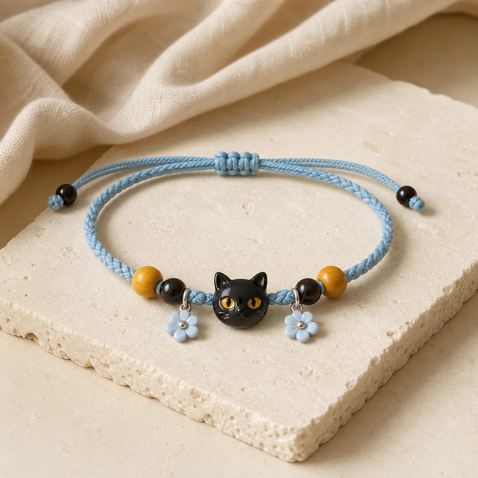 Plaited String Ebony Wood Cat Head Peace Adjustable Cats Pet Collar featuring Ebony Wood, Ebony