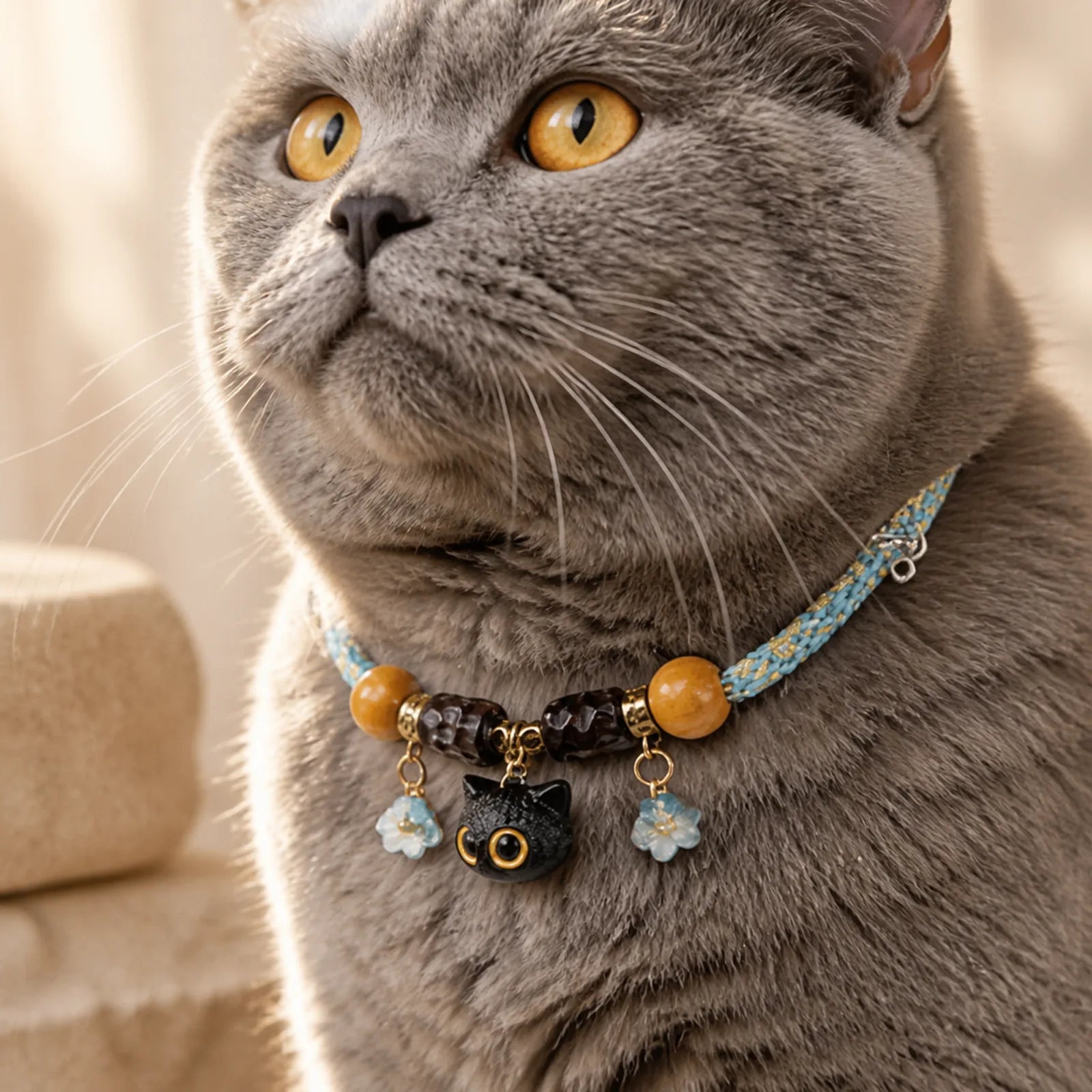 Plaited String Ebony Wood Cat Head Peace Adjustable Cats Pet Collar featuring Ebony Wood, Ebony
