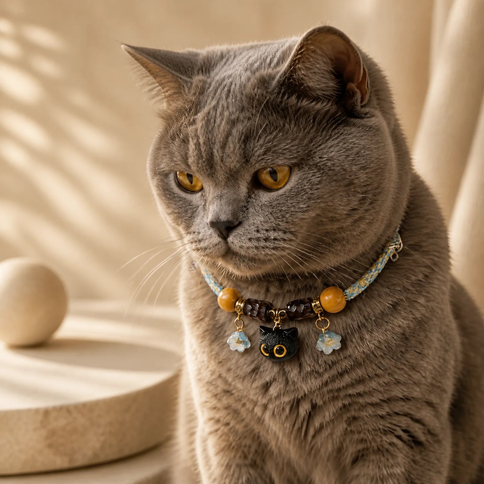 Plaited String Ebony Wood Cat Head Peace Adjustable Cats Pet Collar featuring Ebony Wood, Ebony