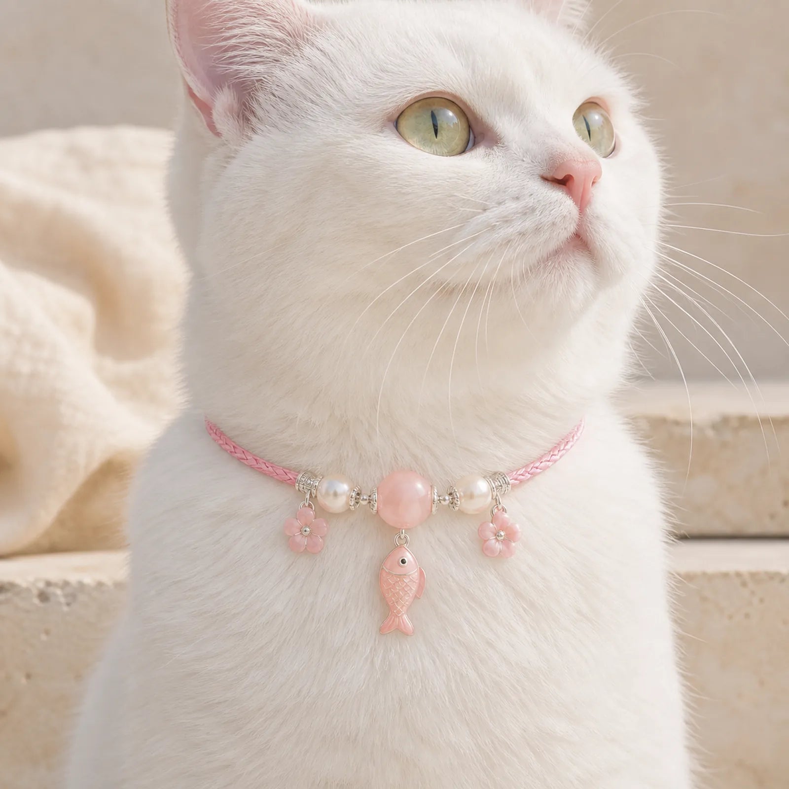 Plaited String Rose Quartz Fish Relationships Adjustable Cats Dogs Pet Collar featuring Rose Quartz