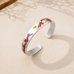 Plum Blossom Chrysanthemum Flower Design Heart Sutra Healing Bracelet Cuff Bangle featuring Copper