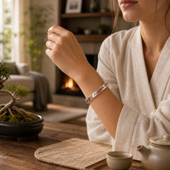 Plum Blossom Chrysanthemum Flower Design Heart Sutra Healing Bracelet Cuff Bangle featuring Copper