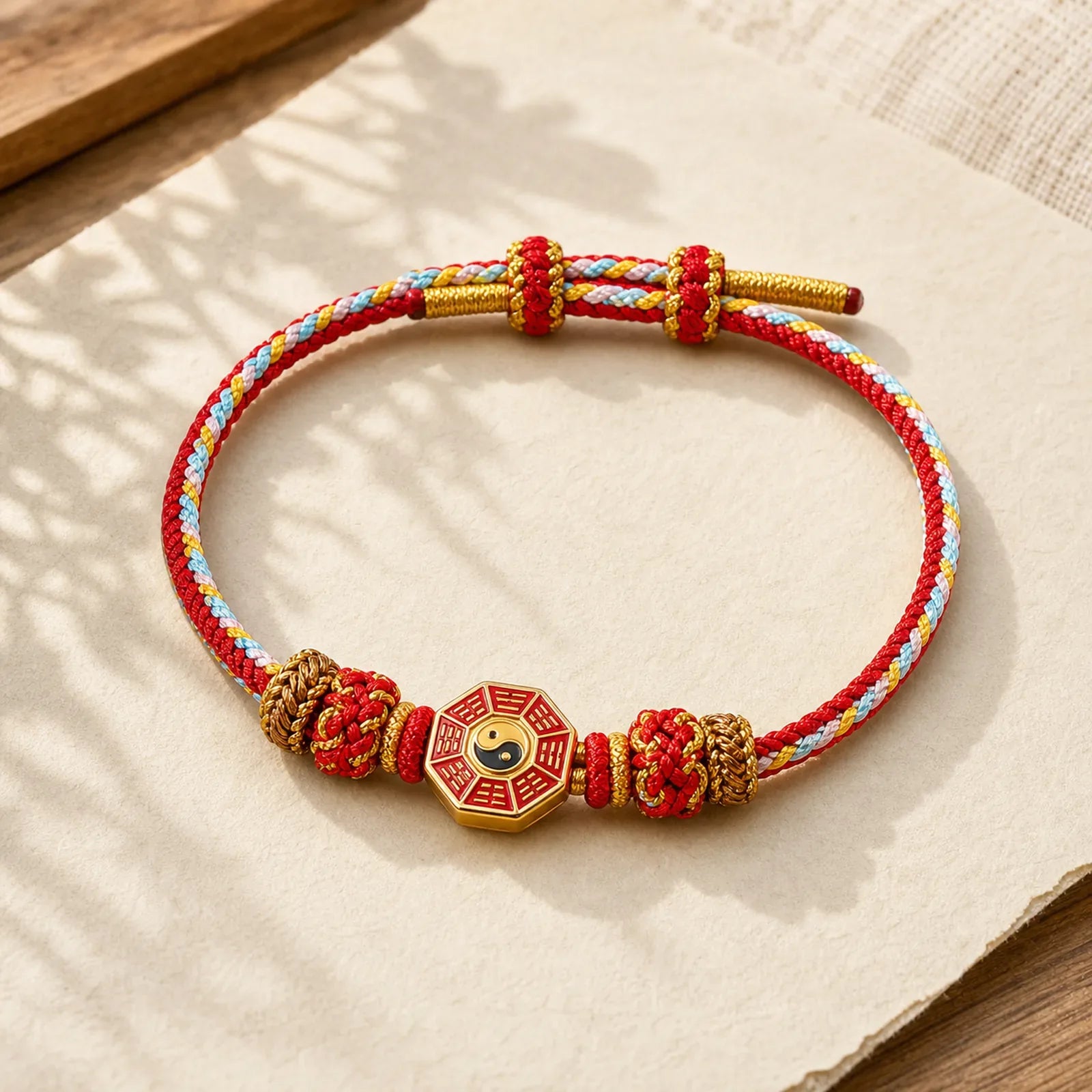 Protection Colorful String Bagua Chinese Coin Hand-Woven Tibetan Braided Bracelet featuring Bagua, Red String, Copper