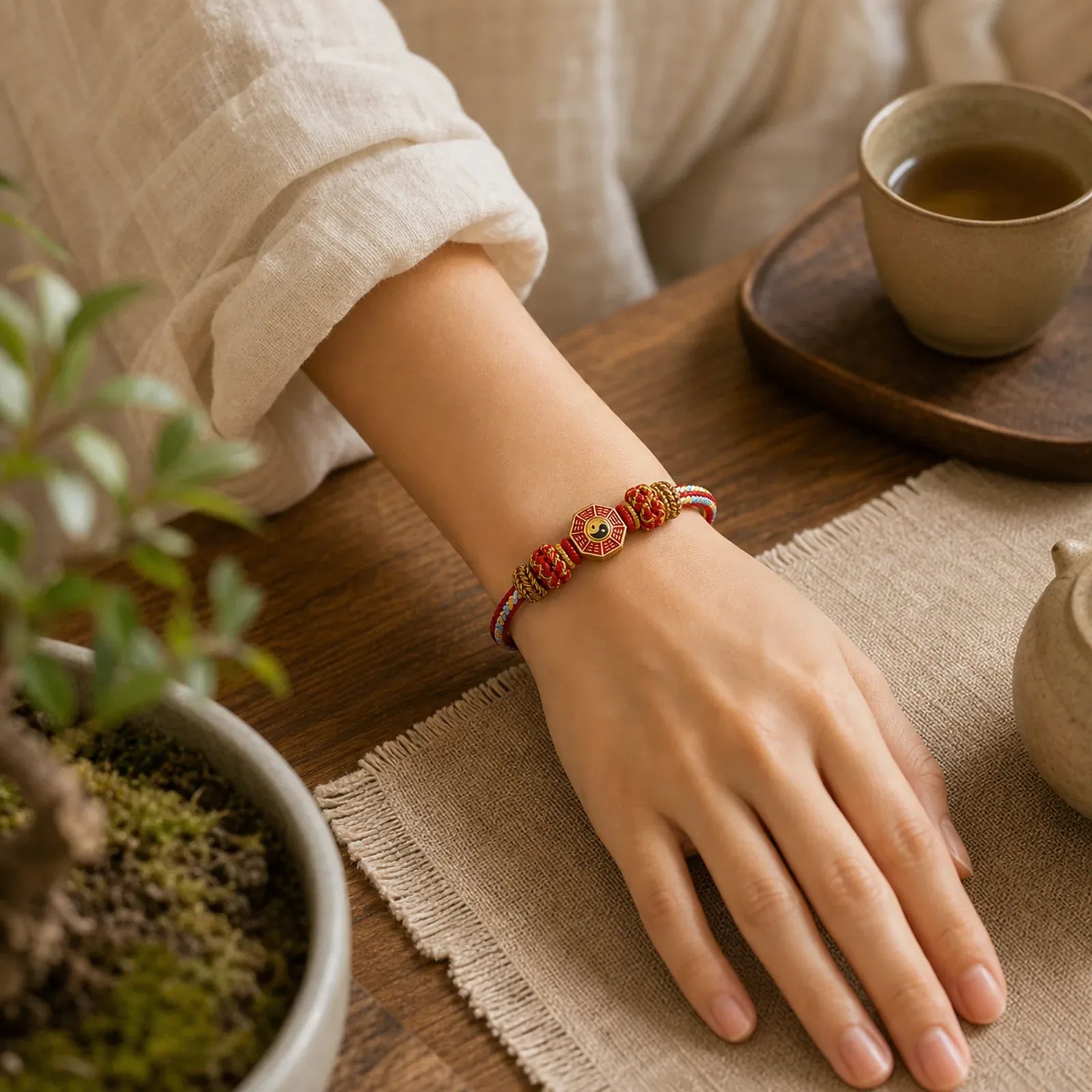 Protection Colorful String Bagua Chinese Coin Hand-Woven Tibetan Braided Bracelet featuring Bagua, Red String, Copper