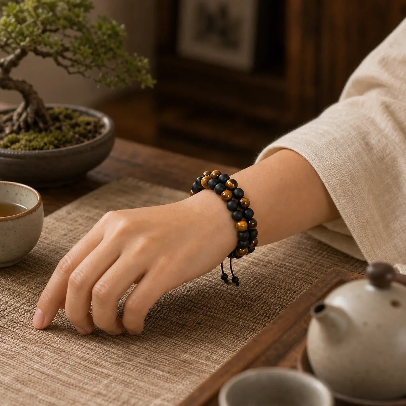 Protection Tiger's Eye Bracelet featuring Tiger Eye, Lava Rock, Frosted Stone