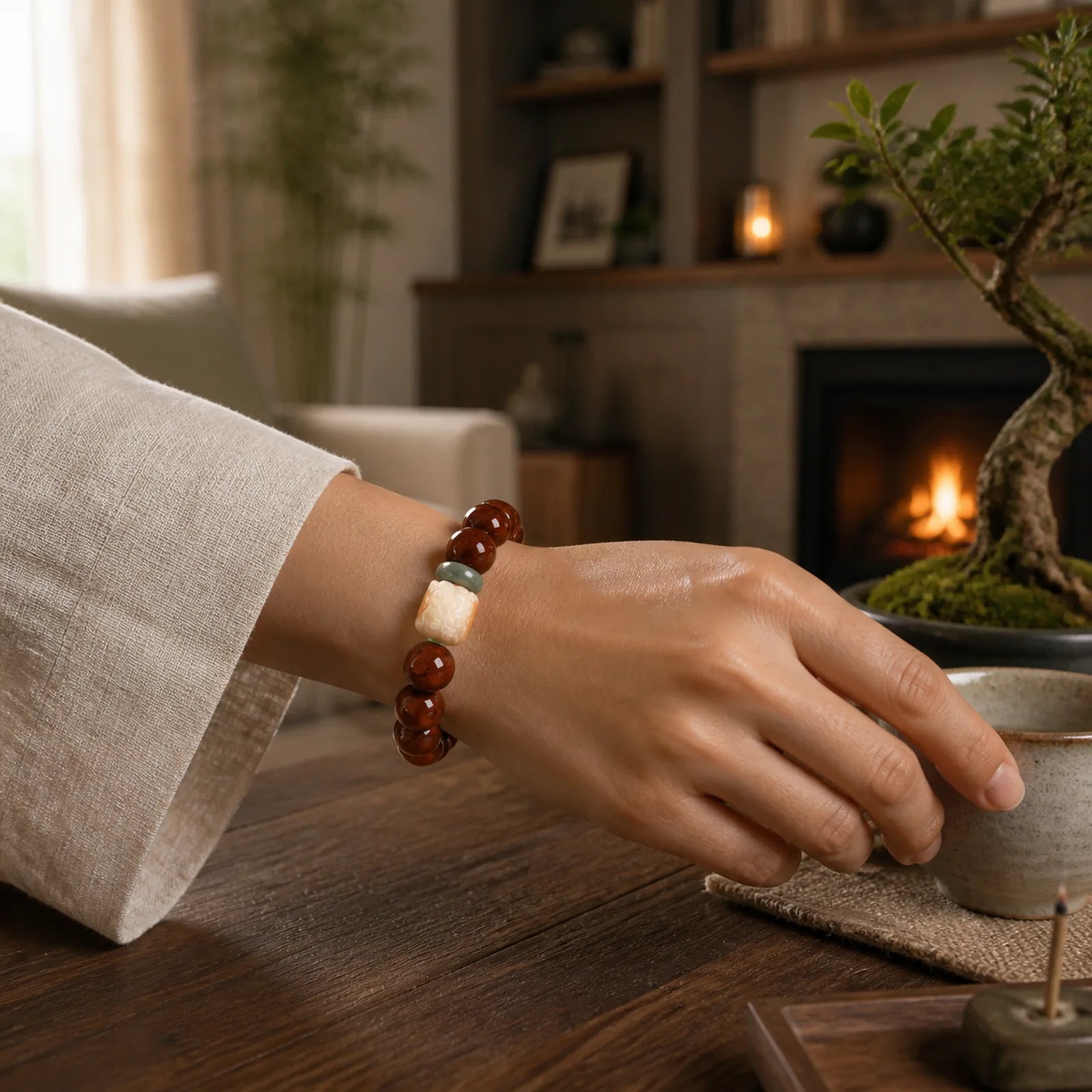 Purple Bodhi Seed Dancing Lion Wisdom Bracelet featuring Bodhi Seed, Lion, Red Sandalwood