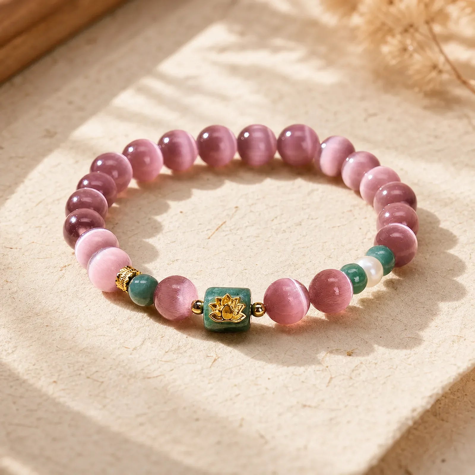 Purple Cat's Eye Lotus Symbol Enlightenment Bracelet featuring Cat's Eye / Chrysoberyl, Lotus Symbol, Lotus