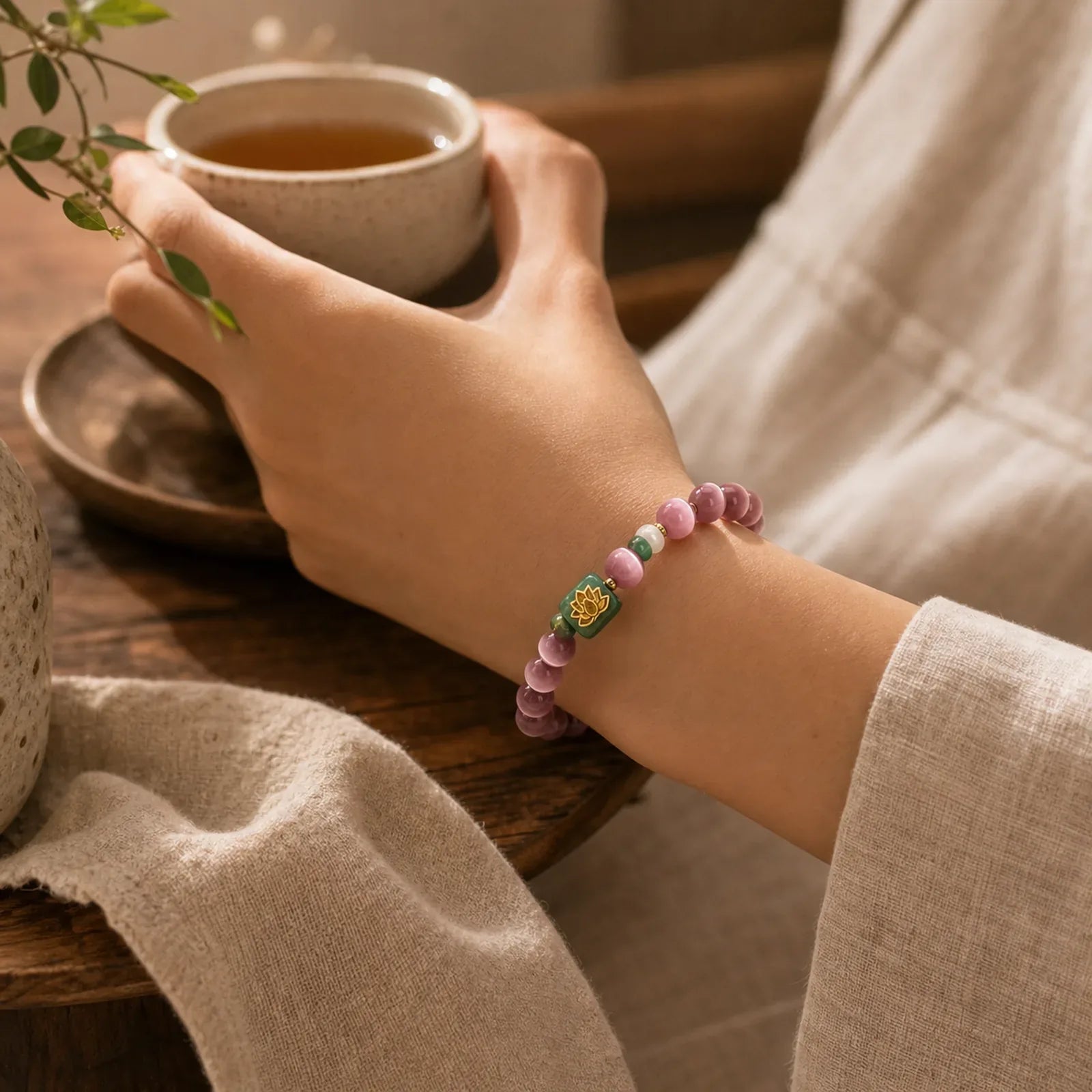 Purple Cat's Eye Lotus Symbol Enlightenment Bracelet featuring Cat's Eye / Chrysoberyl, Lotus Symbol, Lotus