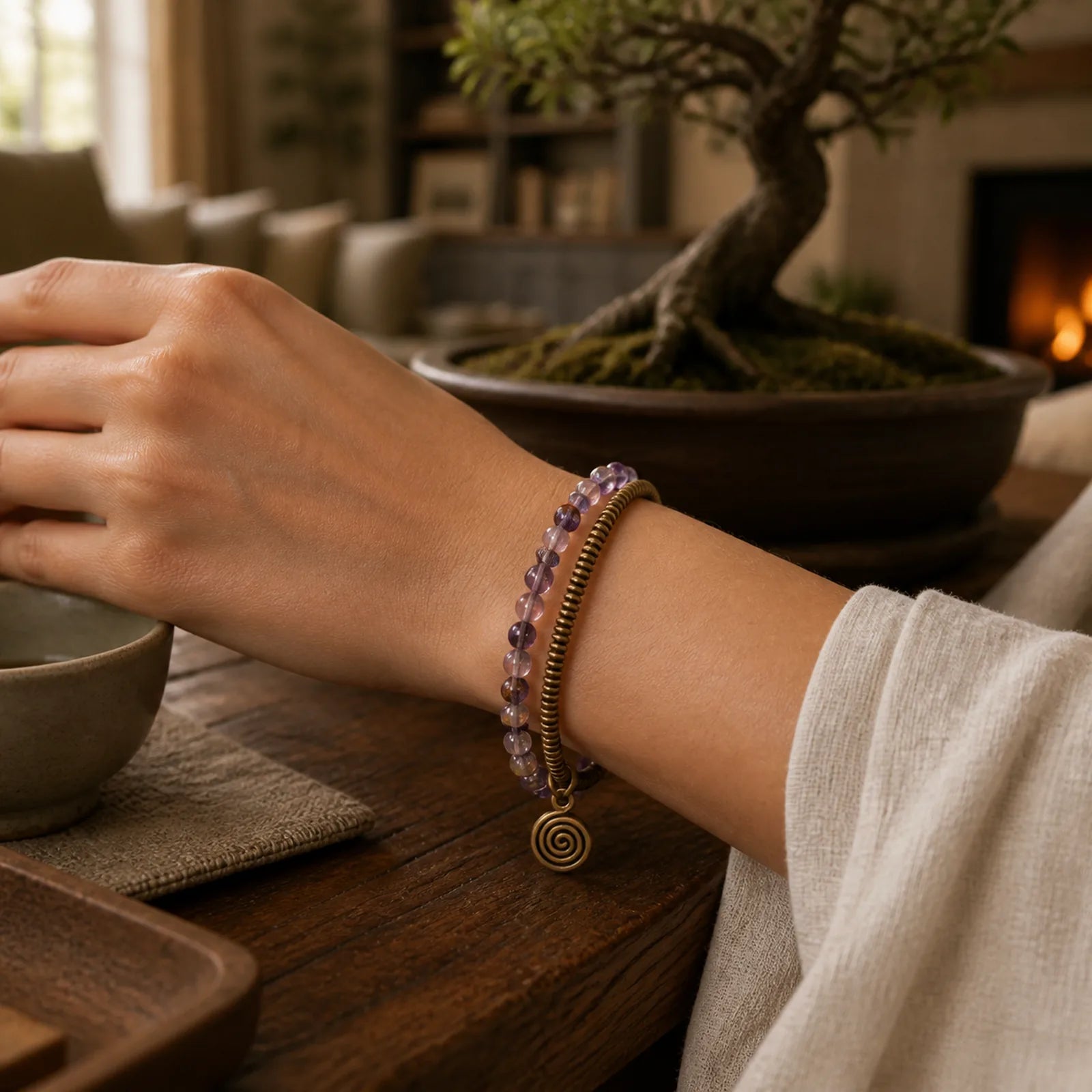 Purple Phantom Red Hematoid Quartz Green Rutilated Quartz Copper Love Forgive Bracelet featuring Purple Phantom, Red Hematoid Quartz, Rutilated Quartz