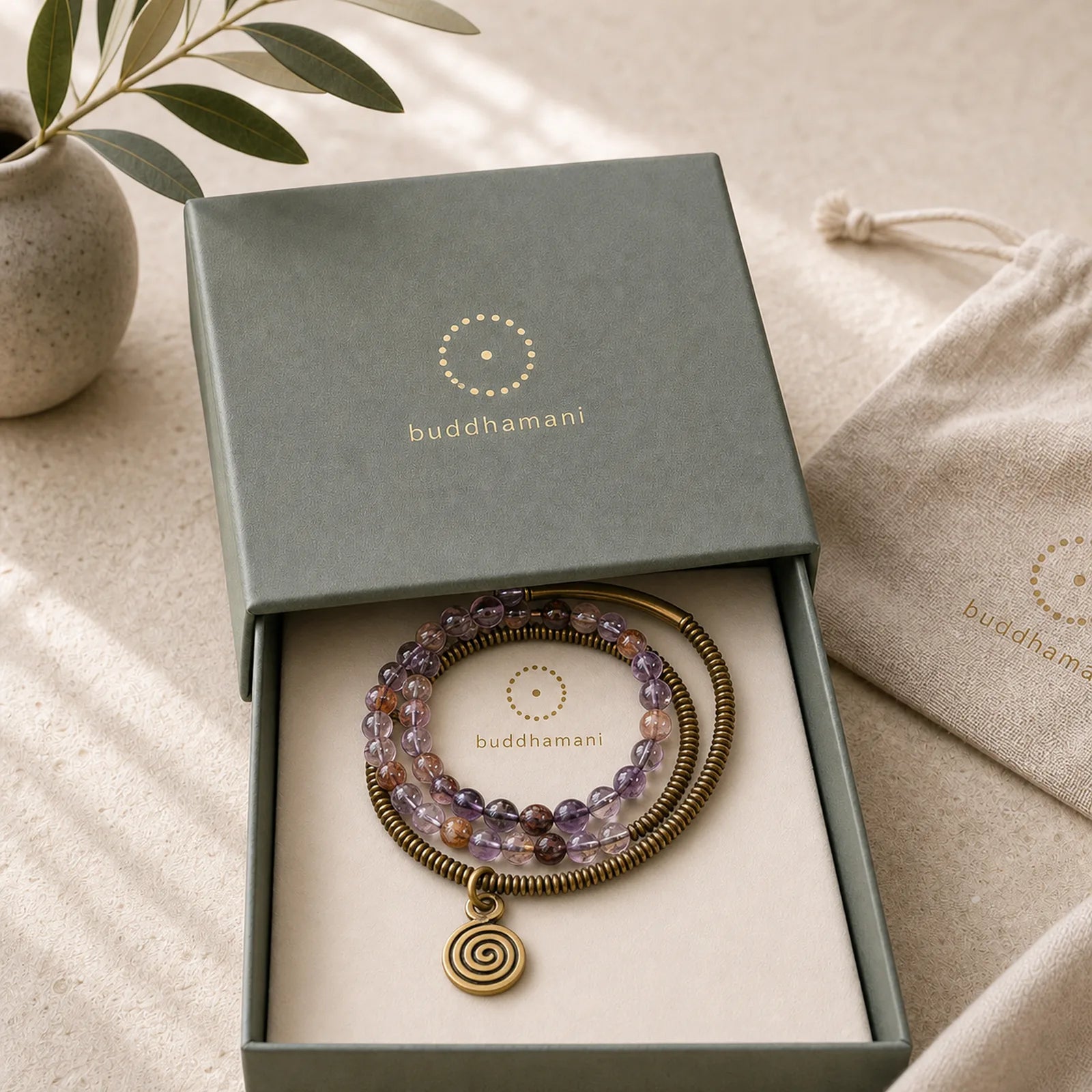 Purple Phantom Red Hematoid Quartz Green Rutilated Quartz Copper Love Forgive Bracelet featuring Purple Phantom, Red Hematoid Quartz, Rutilated Quartz