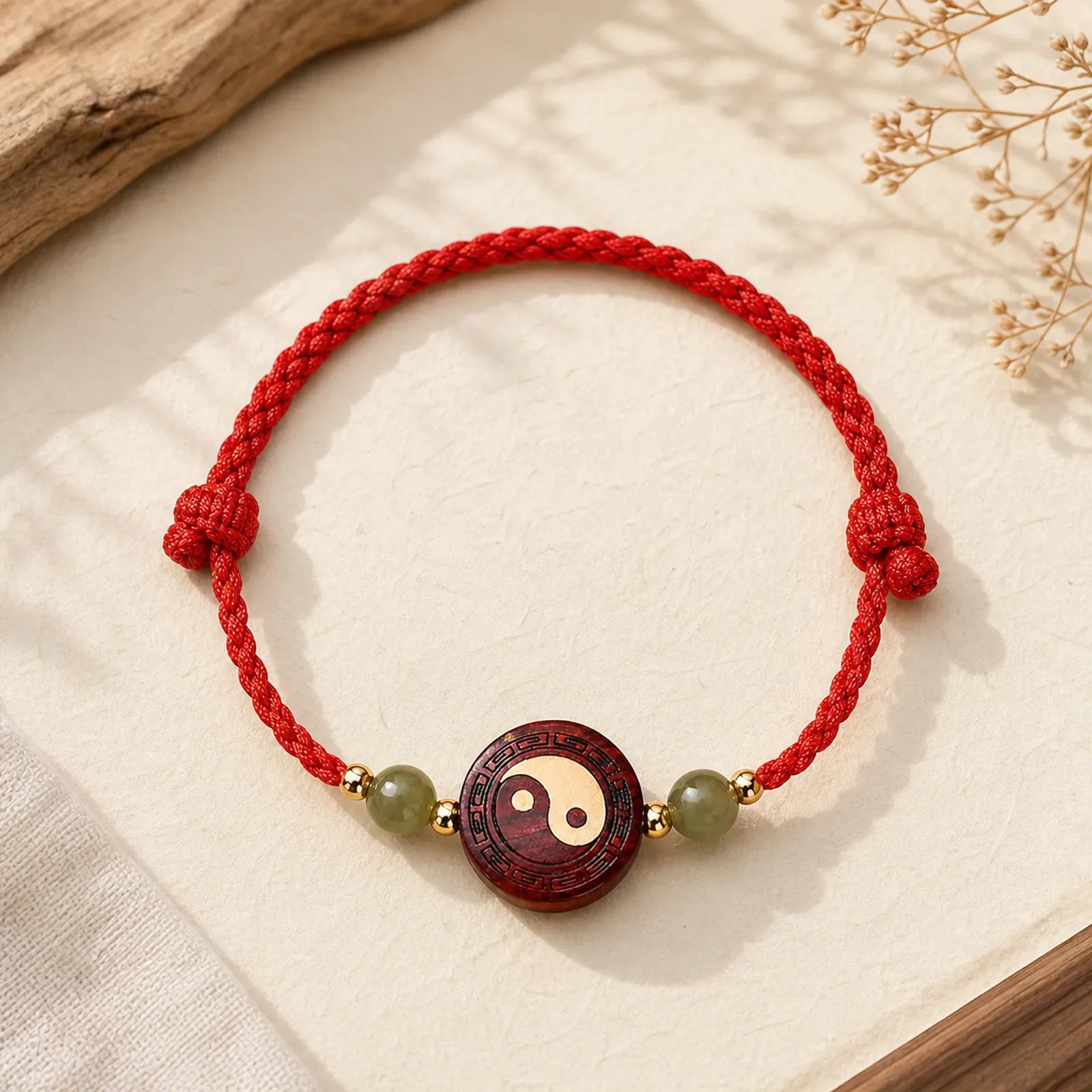 Purple Sandalwood Jade YinYang Balance Red String Bracelet featuring Sandalwood, Jade, Red String