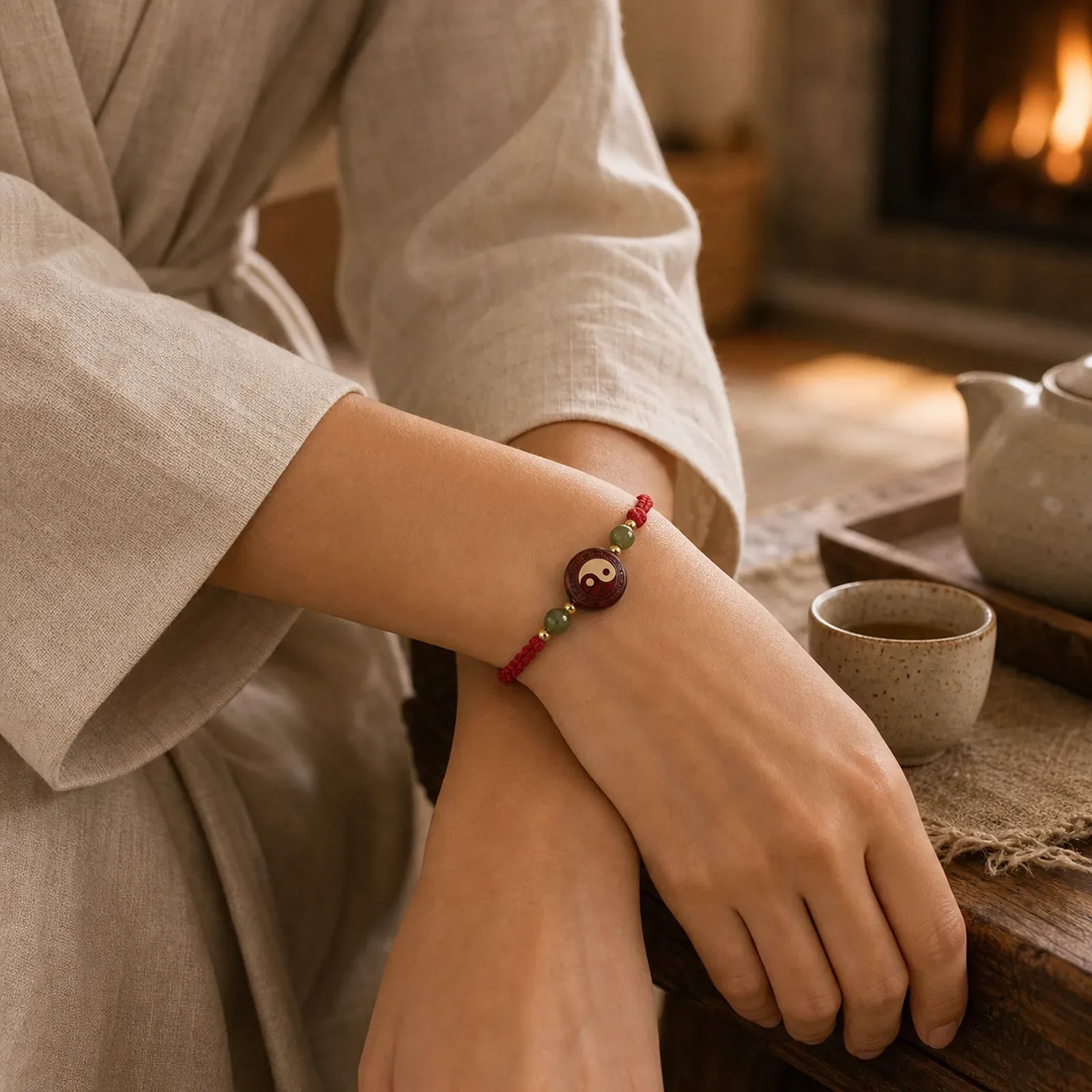 Purple Sandalwood Jade YinYang Balance Red String Bracelet featuring Sandalwood, Jade, Red String