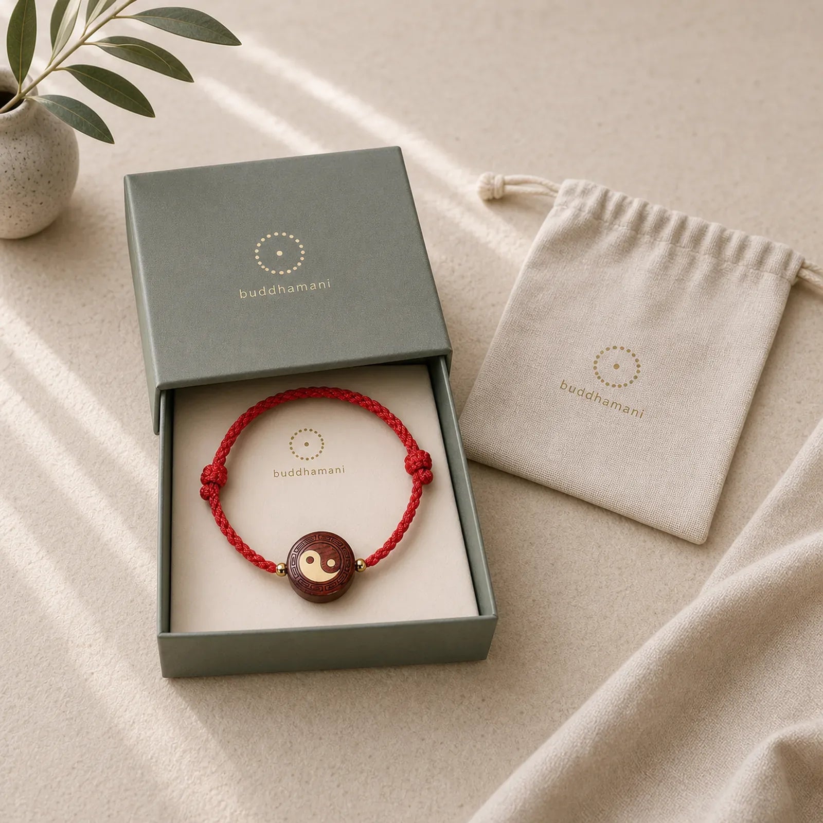 Purple Sandalwood Yin Yang Protection Red String Bracelet featuring Sandalwood, Red String, Yin Yang Symbol