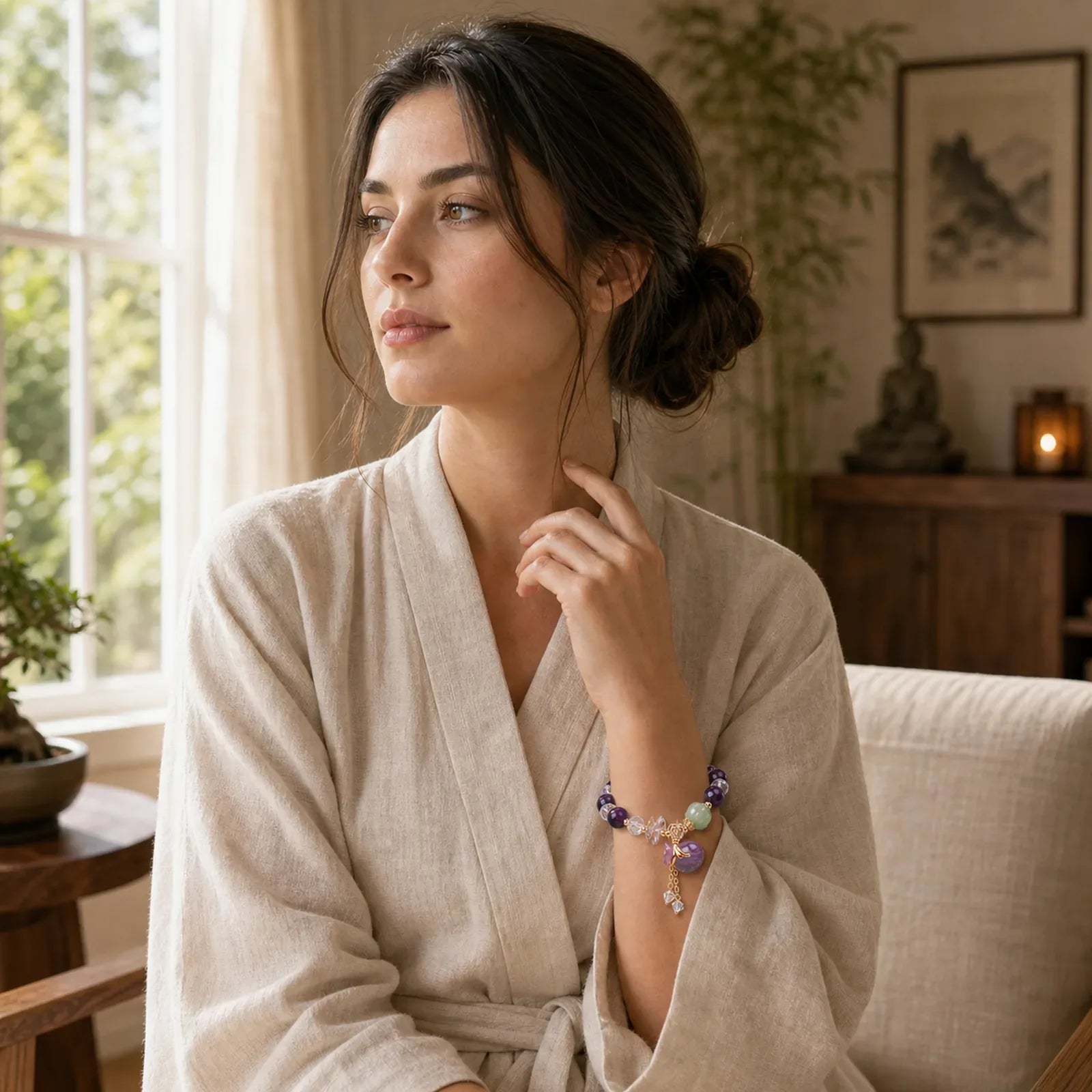 Purple Tiger Eye White Crystal Amethyst Jade Bravery Bracelet featuring Purple Tiger Eye, Tiger Eye, Clear Quartz / White Crystal