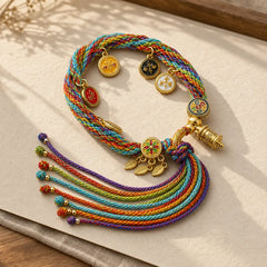 Rainbow Braided String Om Mani Padme Hum Wisdom Tassel Bracelet featuring Om Mani Padme Hum, Om, Six True Words (Om Mani Padme Hum)