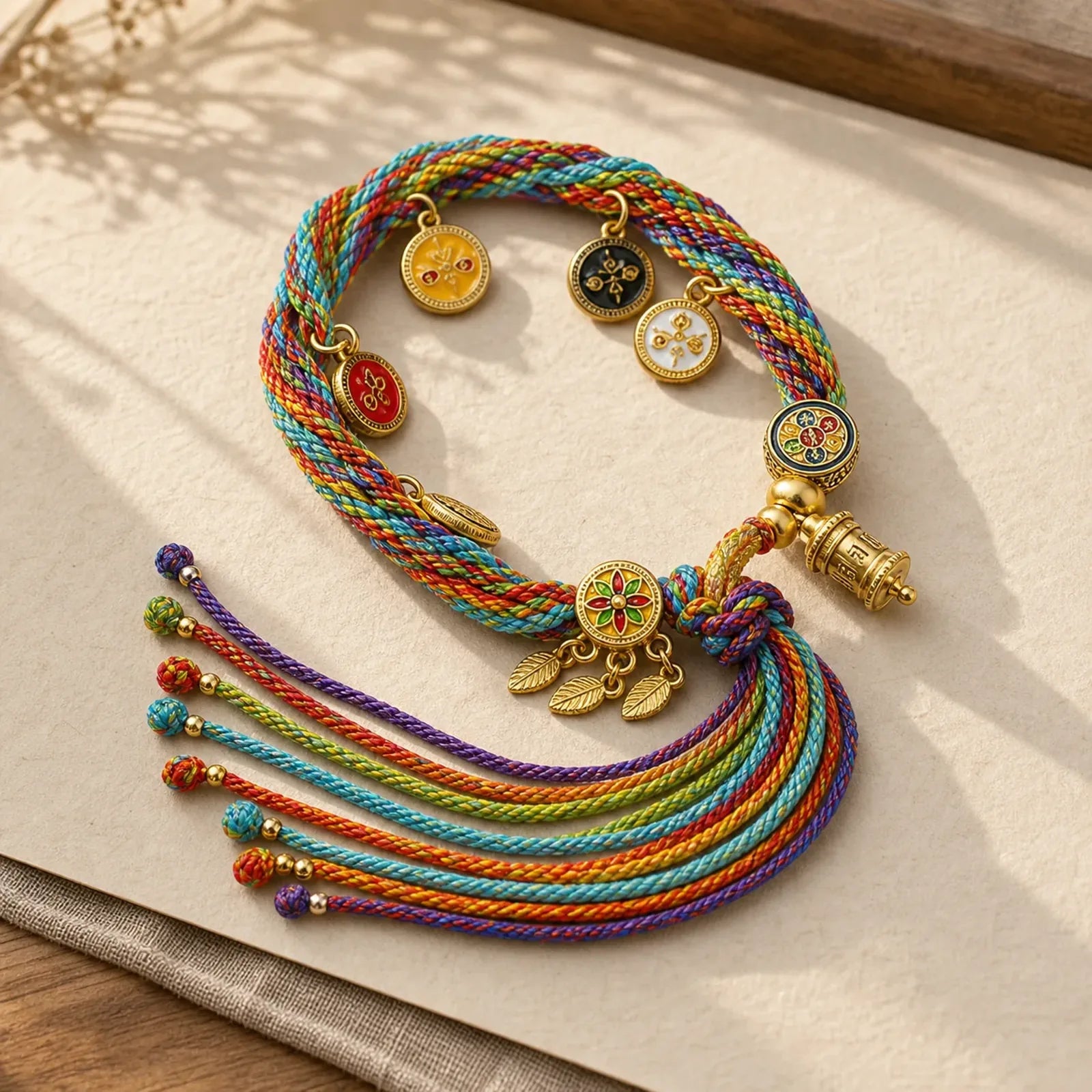 Rainbow Braided String Om Mani Padme Hum Wisdom Tassel Bracelet featuring Om Mani Padme Hum, Om, Six True Words (Om Mani Padme Hum)