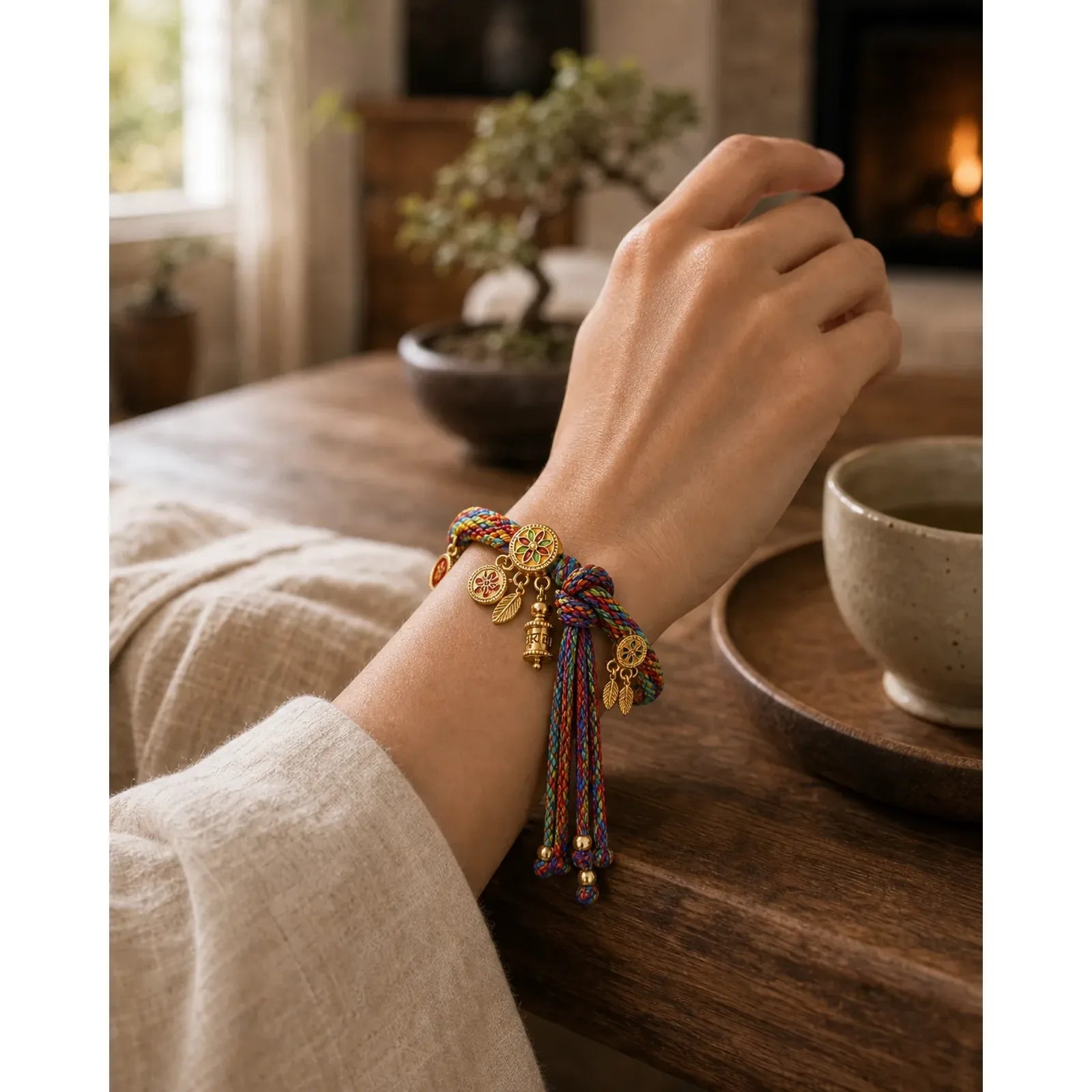 Rainbow Braided String Om Mani Padme Hum Wisdom Tassel Bracelet featuring Om Mani Padme Hum, Om, Six True Words (Om Mani Padme Hum)