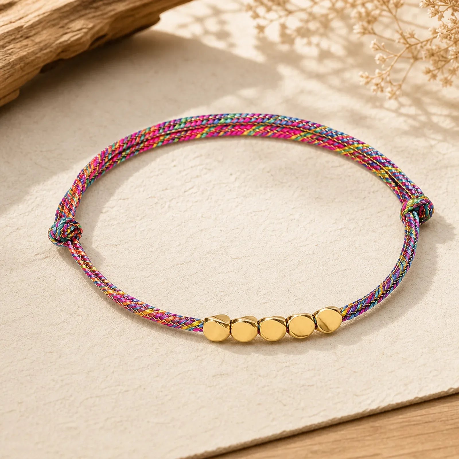 Rainbow Multicolor Braided String Golden Copper Beads Luck Bracelet featuring Copper