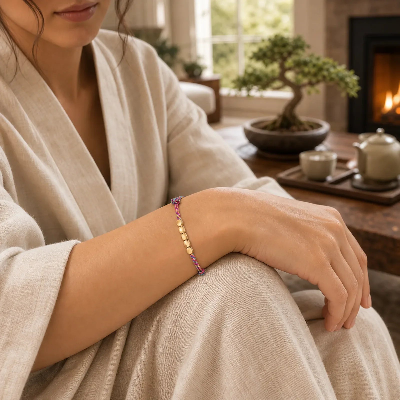 Rainbow Multicolor Braided String Golden Copper Beads Luck Bracelet featuring Copper