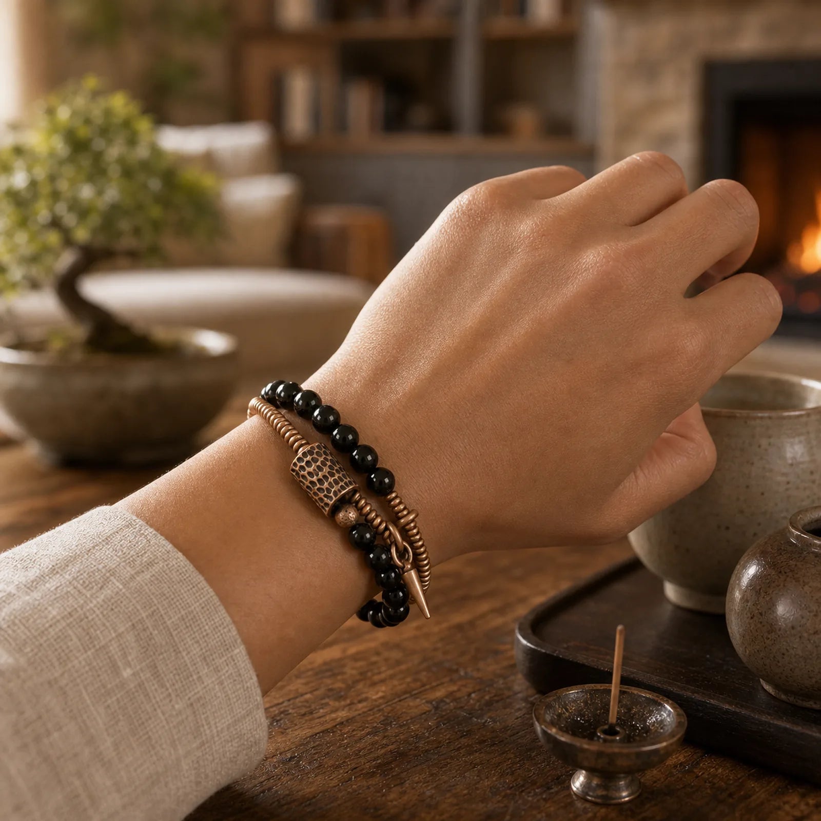 Rainbow Obsidian Copper Inner Peace Healing Double Layer Bracelet featuring Rainbow Obsidian, Copper