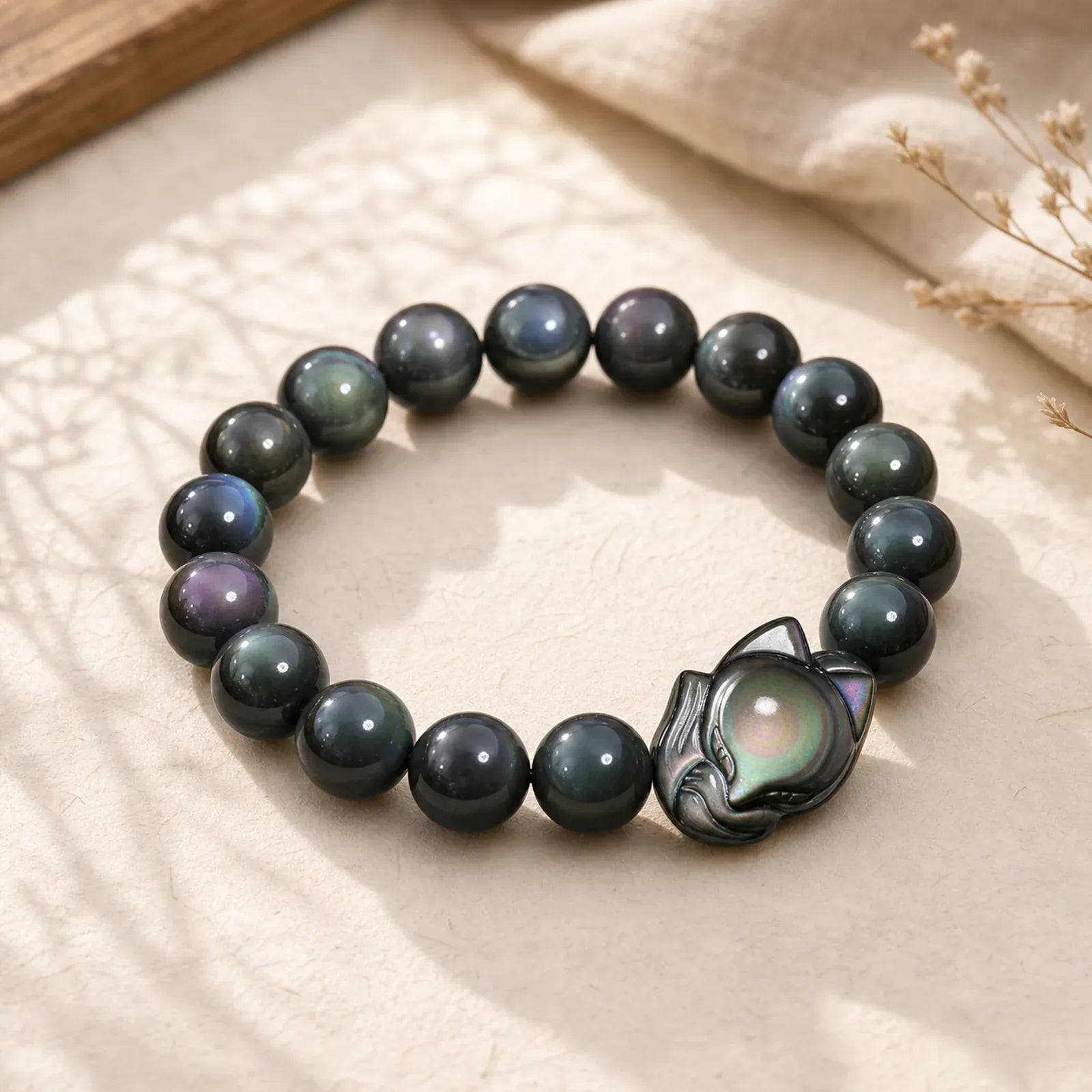 Rainbow Obsidian Fox Healing Positive Bracelet featuring